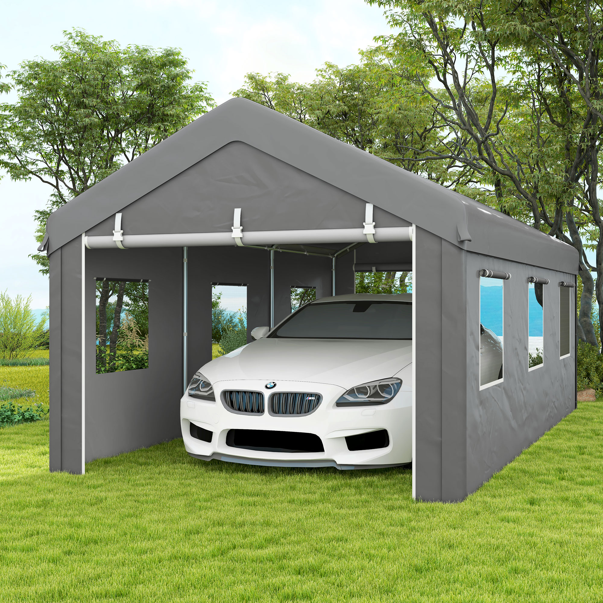 Un BMW blanco está aparcado bajo un cobertizo de lona gris al aire libre.