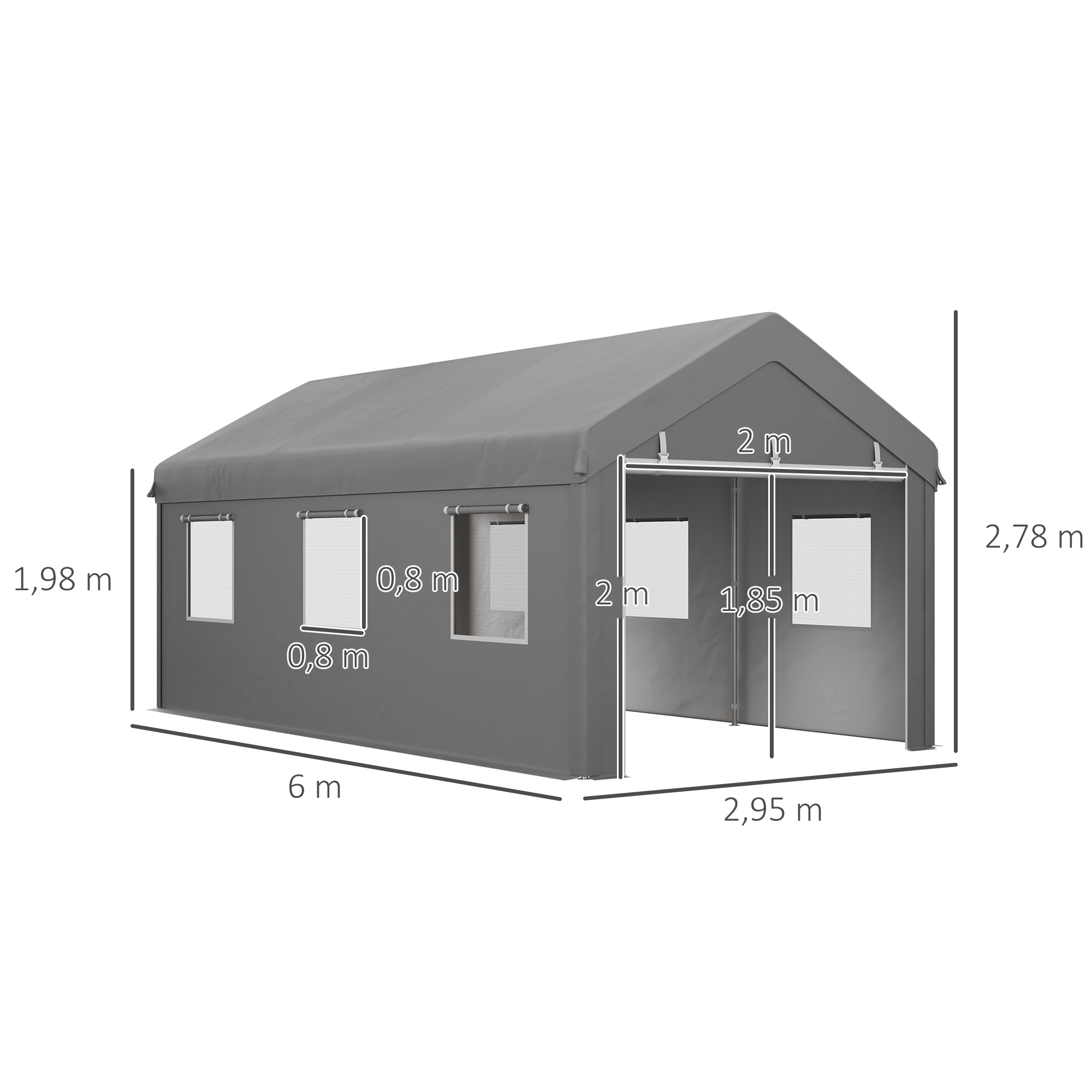 Carpa gris con dimensiones: 6m x 2,95m base, 1,98m altura lateral, 2,78m altura cumbrera.