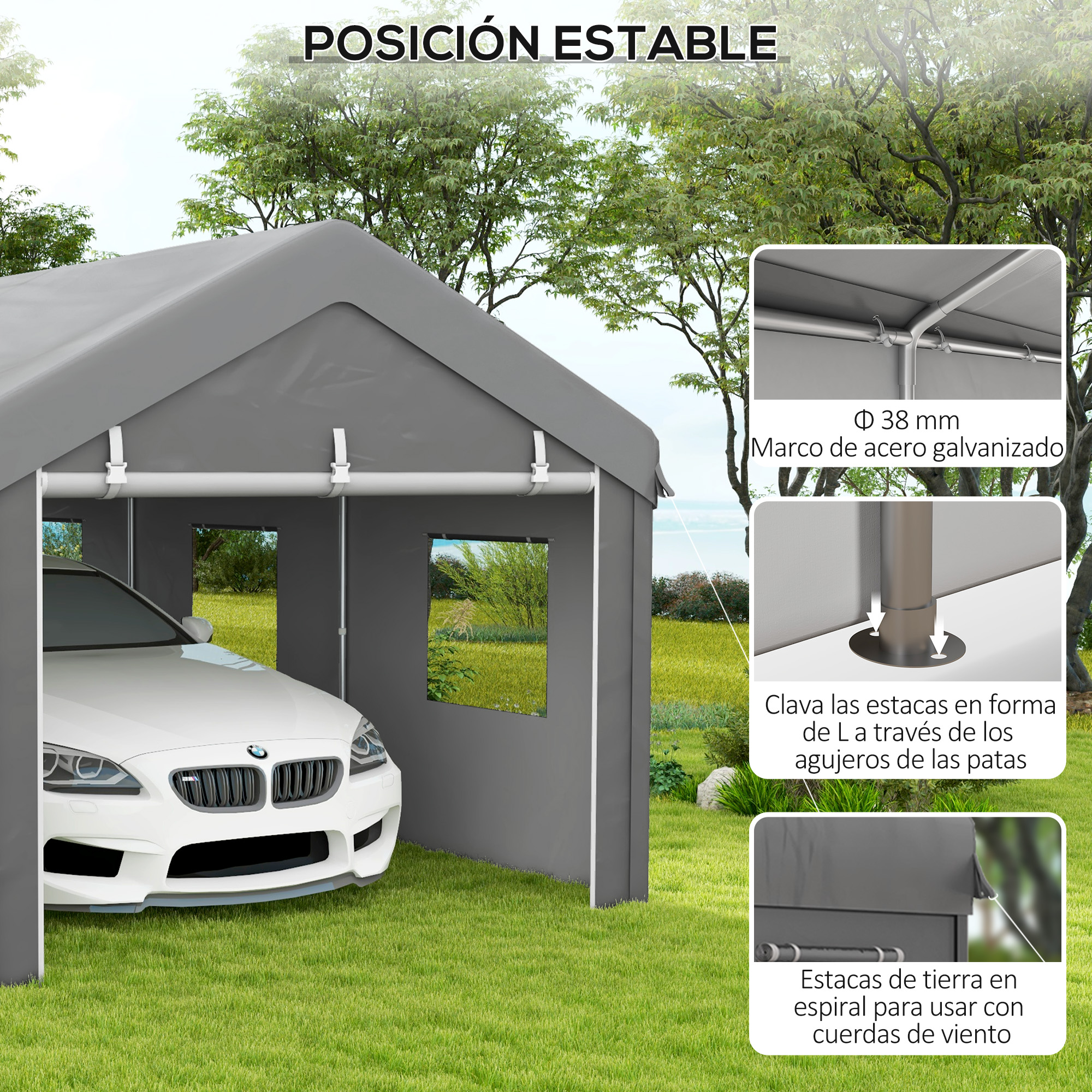 Carport gris con coche blanco y primeros planos de fijaciones.