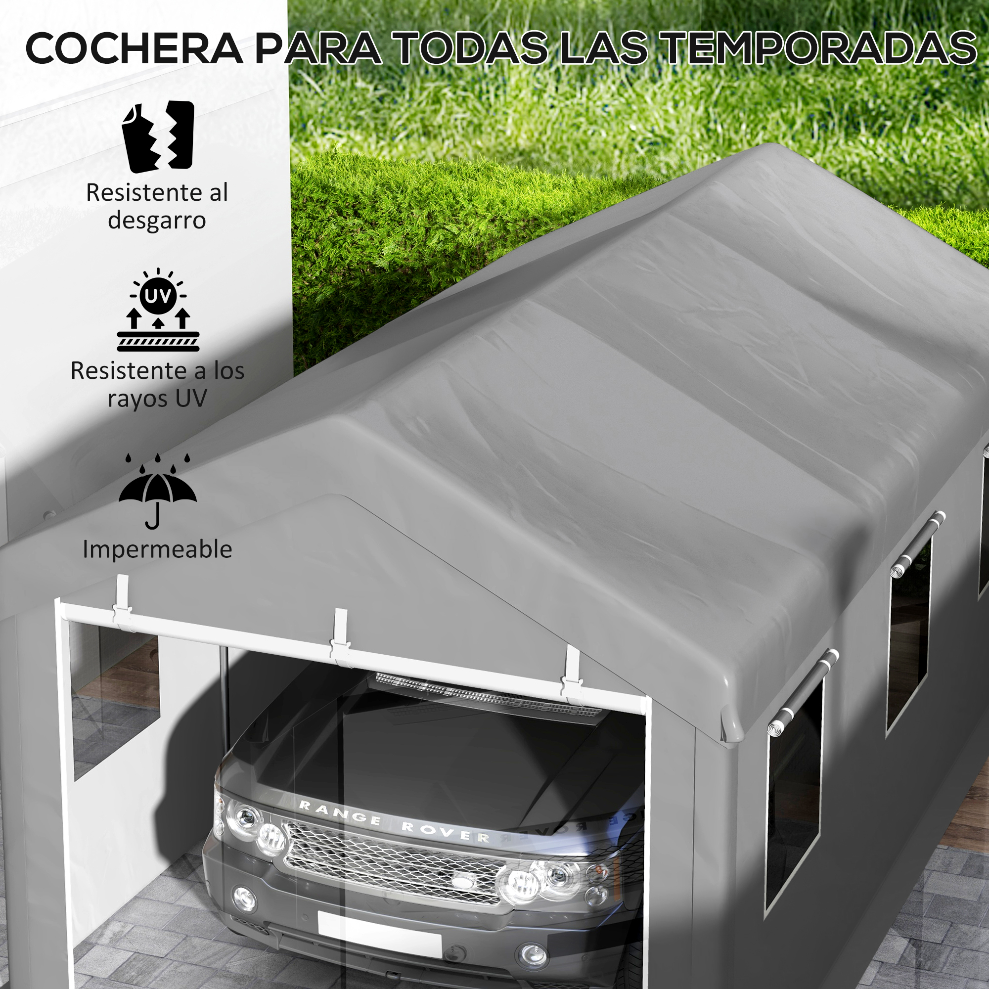 Cobertizo gris con un coche dentro. Texto: resistente al desgarro, resistente a los rayos UV.