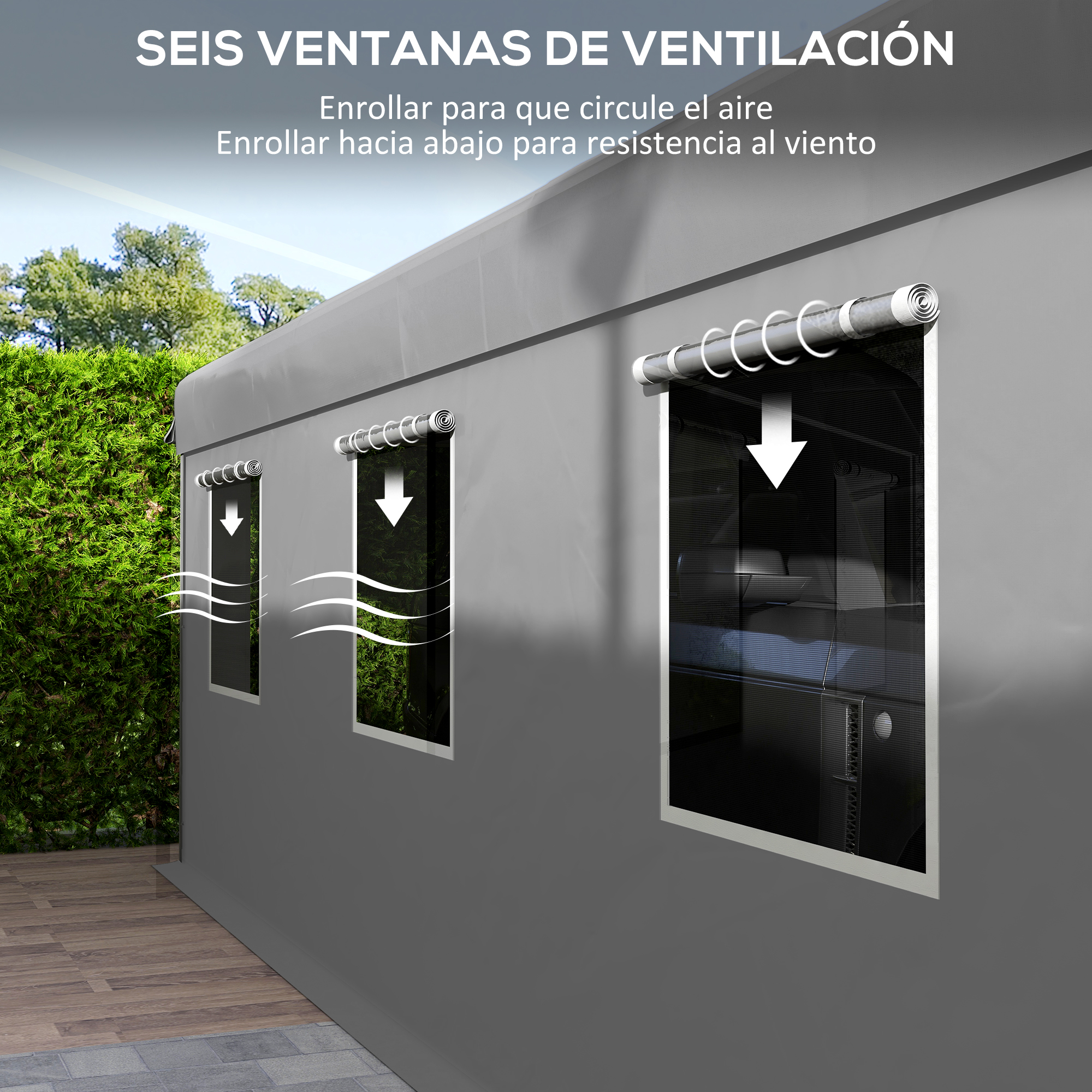 Tienda gris con seis aberturas de ventana, algunas con flechas blancas y ondas de aire.