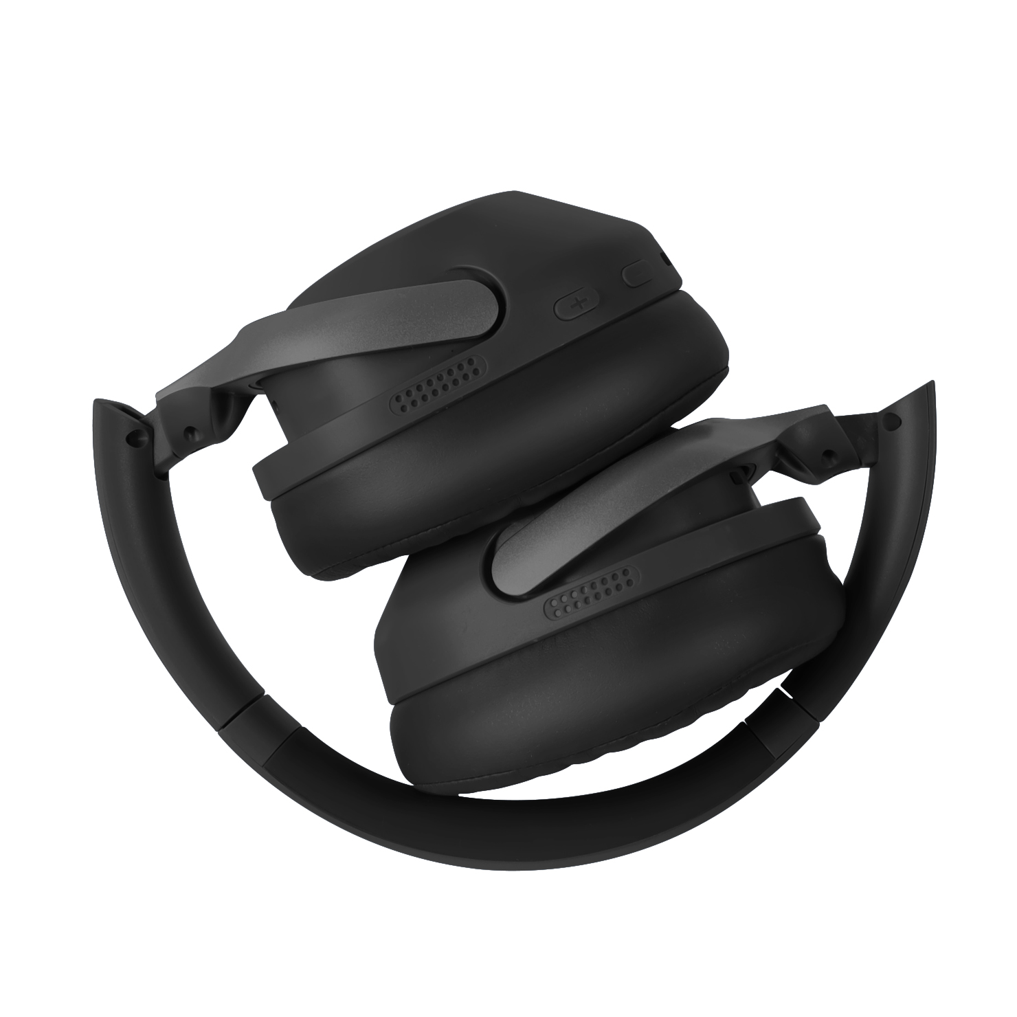 Auriculares negros plegables descansan sobre un fondo blanco.