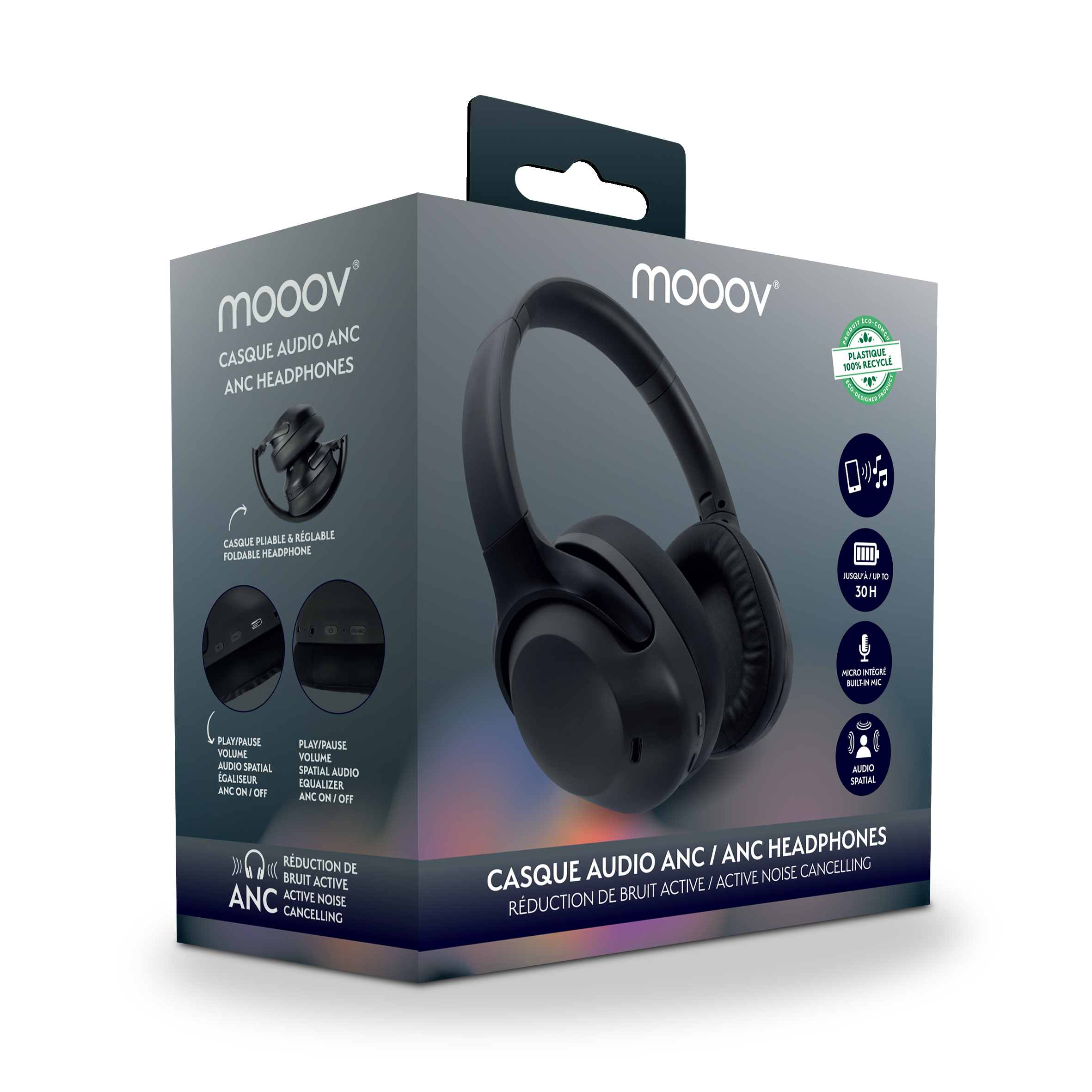 Auriculares negros con función ANC en embalaje de producto.