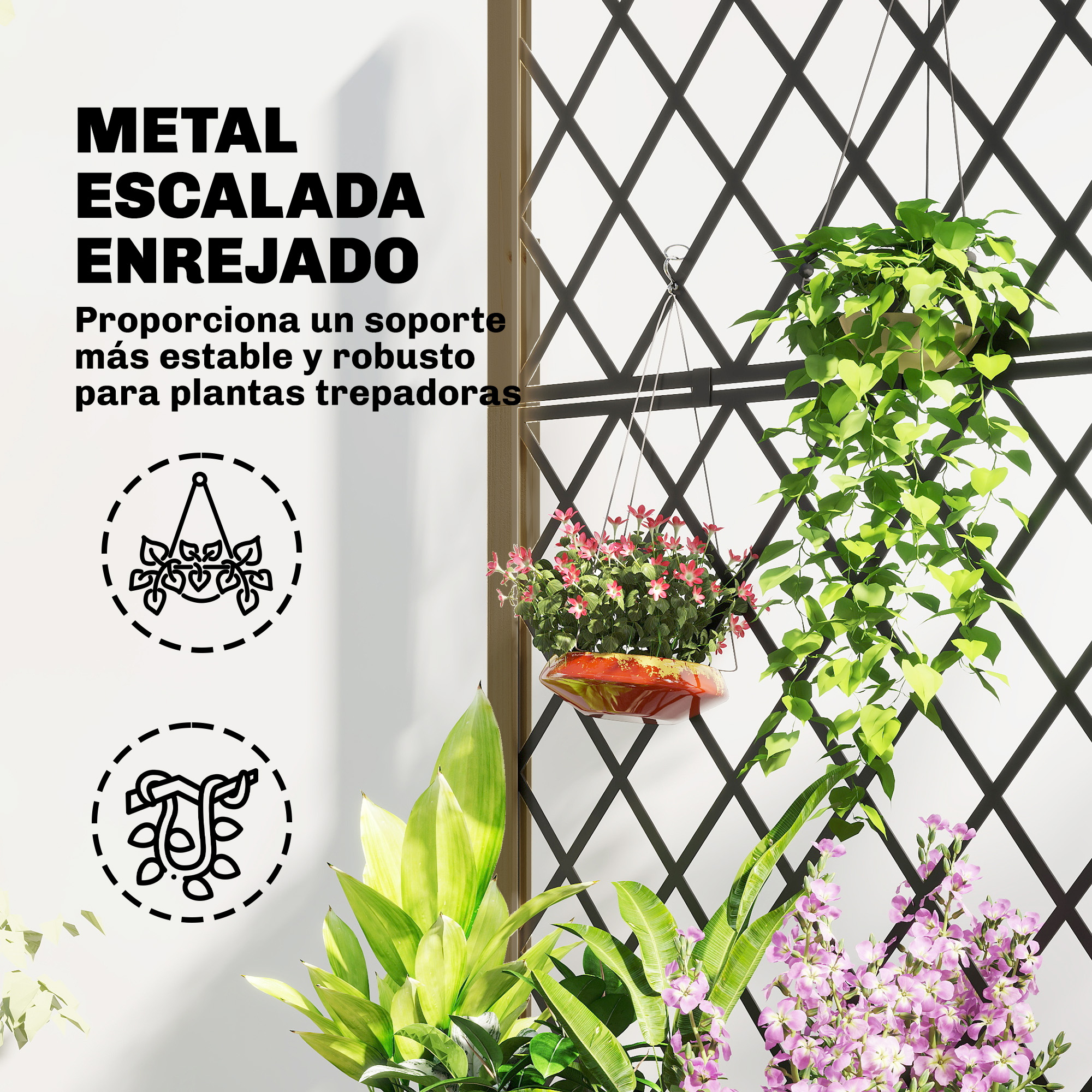 Enrejado de metal con plantas y flores colgantes. Texto en imagen.
