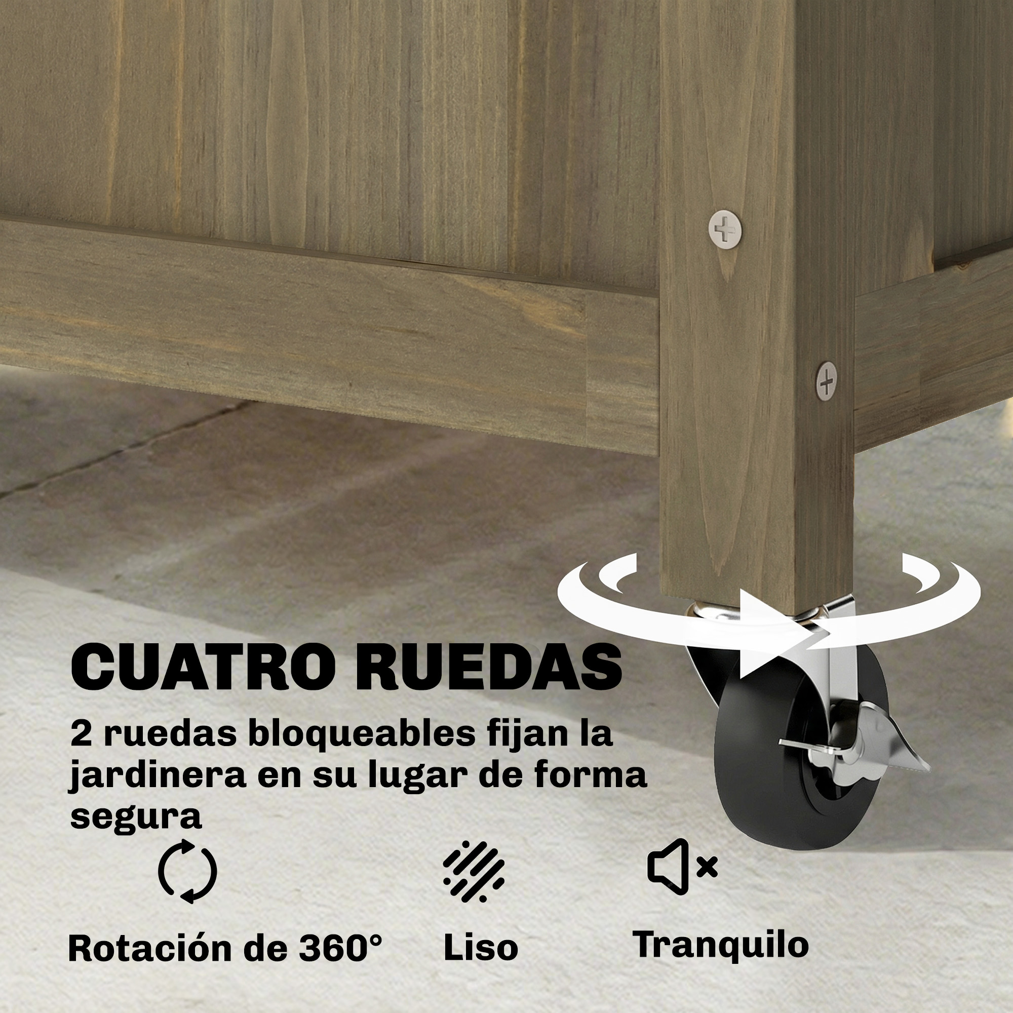 Mueble de madera con ruedas, dos bloqueables. Rotación de 360°.