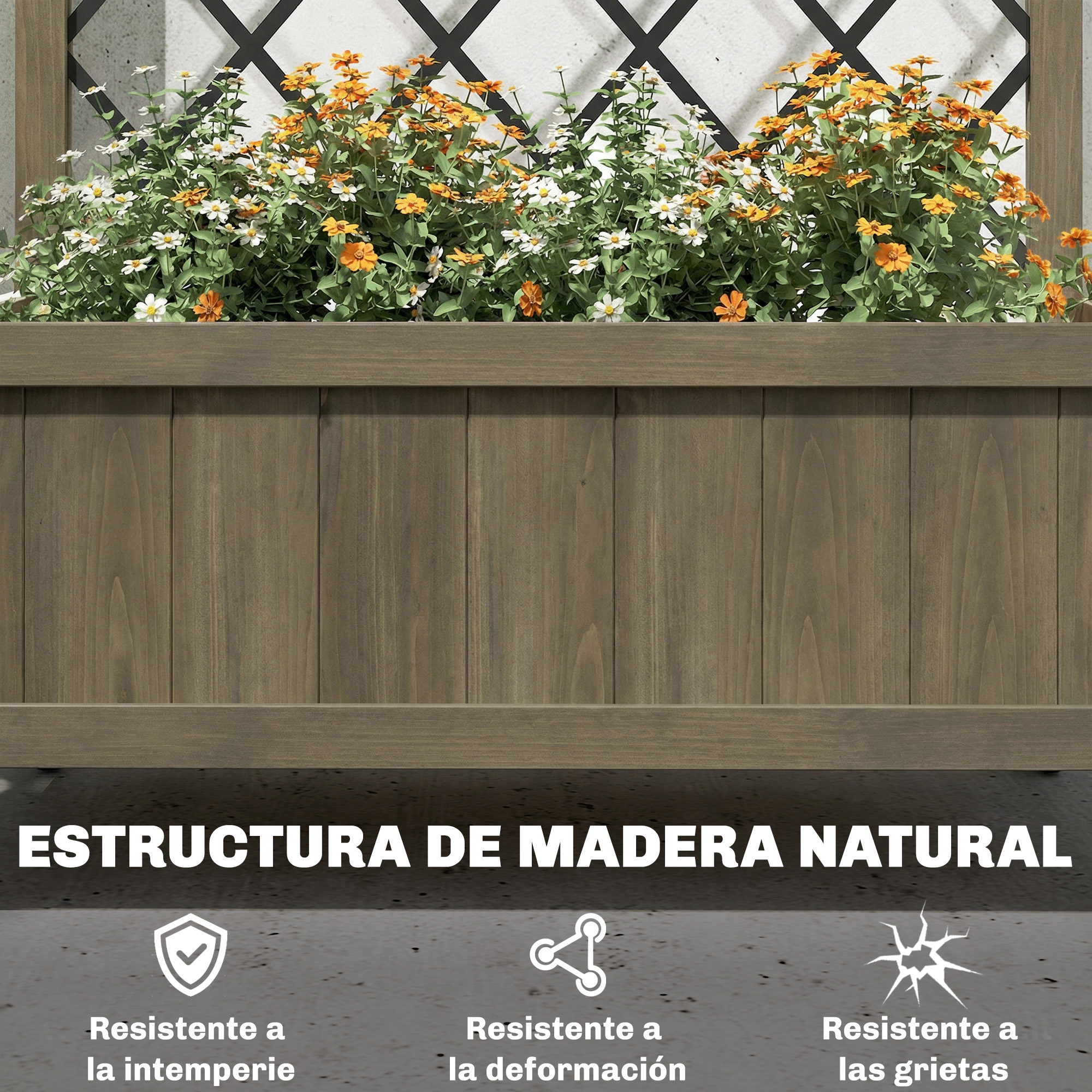 Macetero de madera con flores naranjas y blancas. Texto: ESTRUCTURA DE MADERA NATURAL.