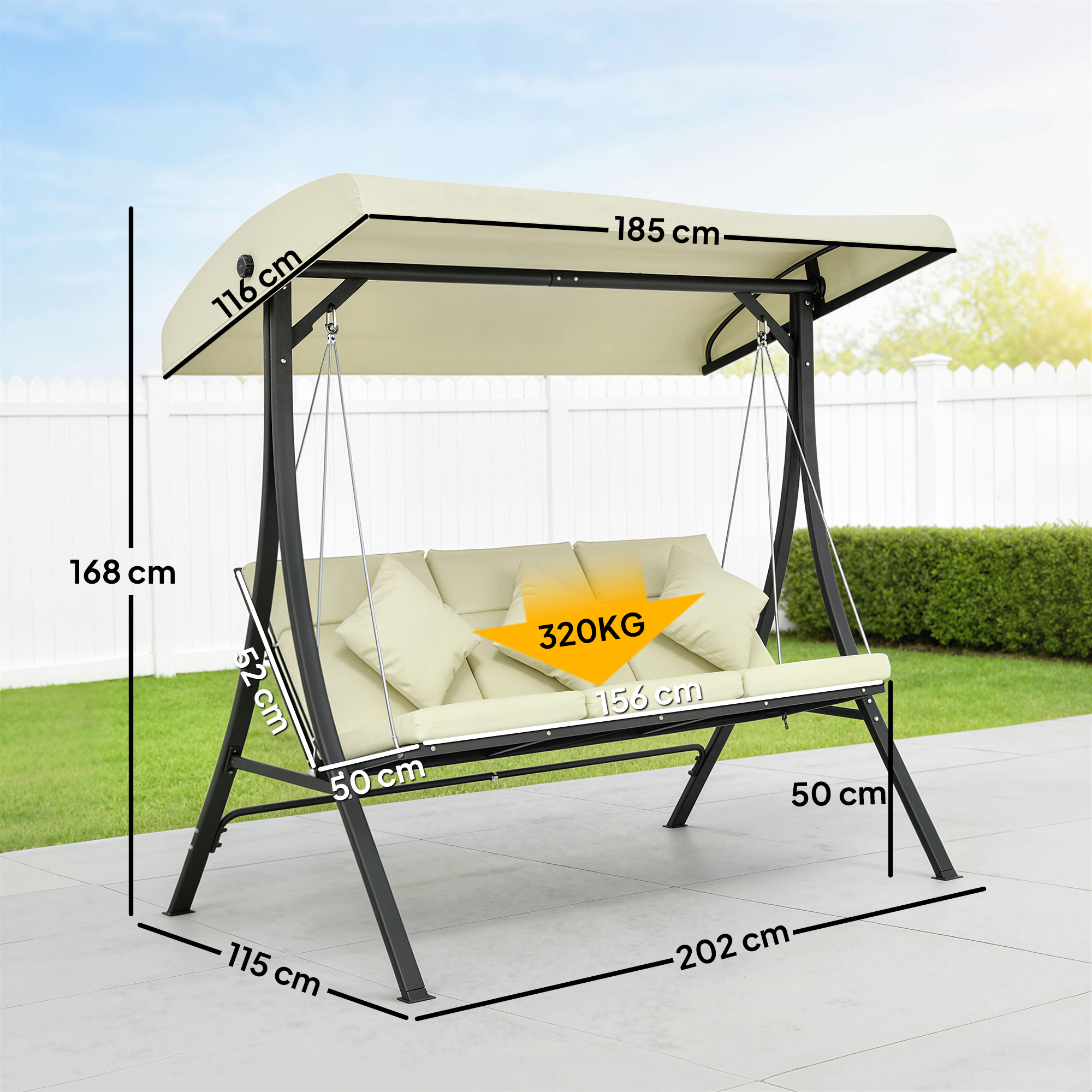 Un columpio de patio color crema con dimensiones mostradas. Carga máx. 320 kg.