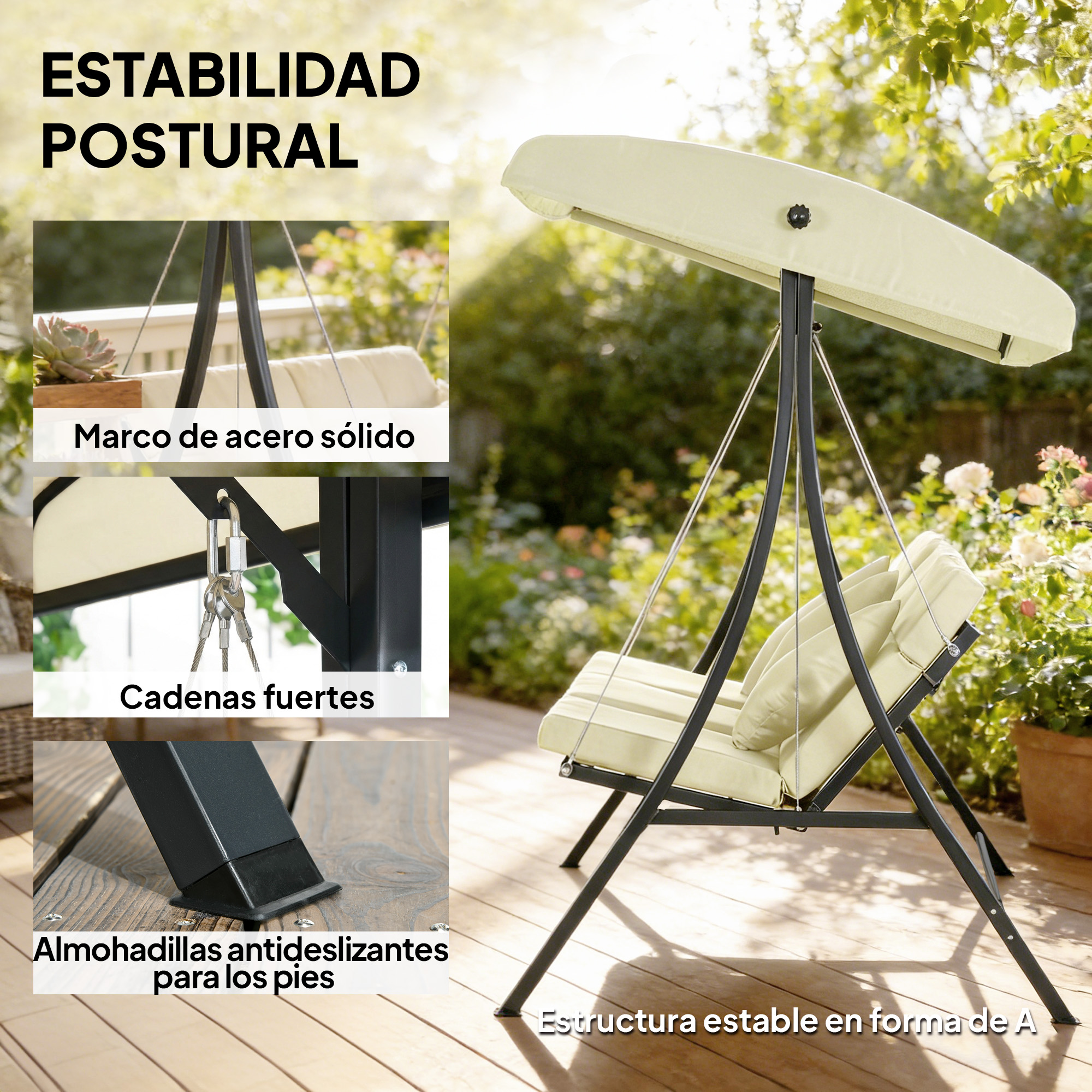 Columpio de jardín con cojines y toldo color crema, estructura estable en A.