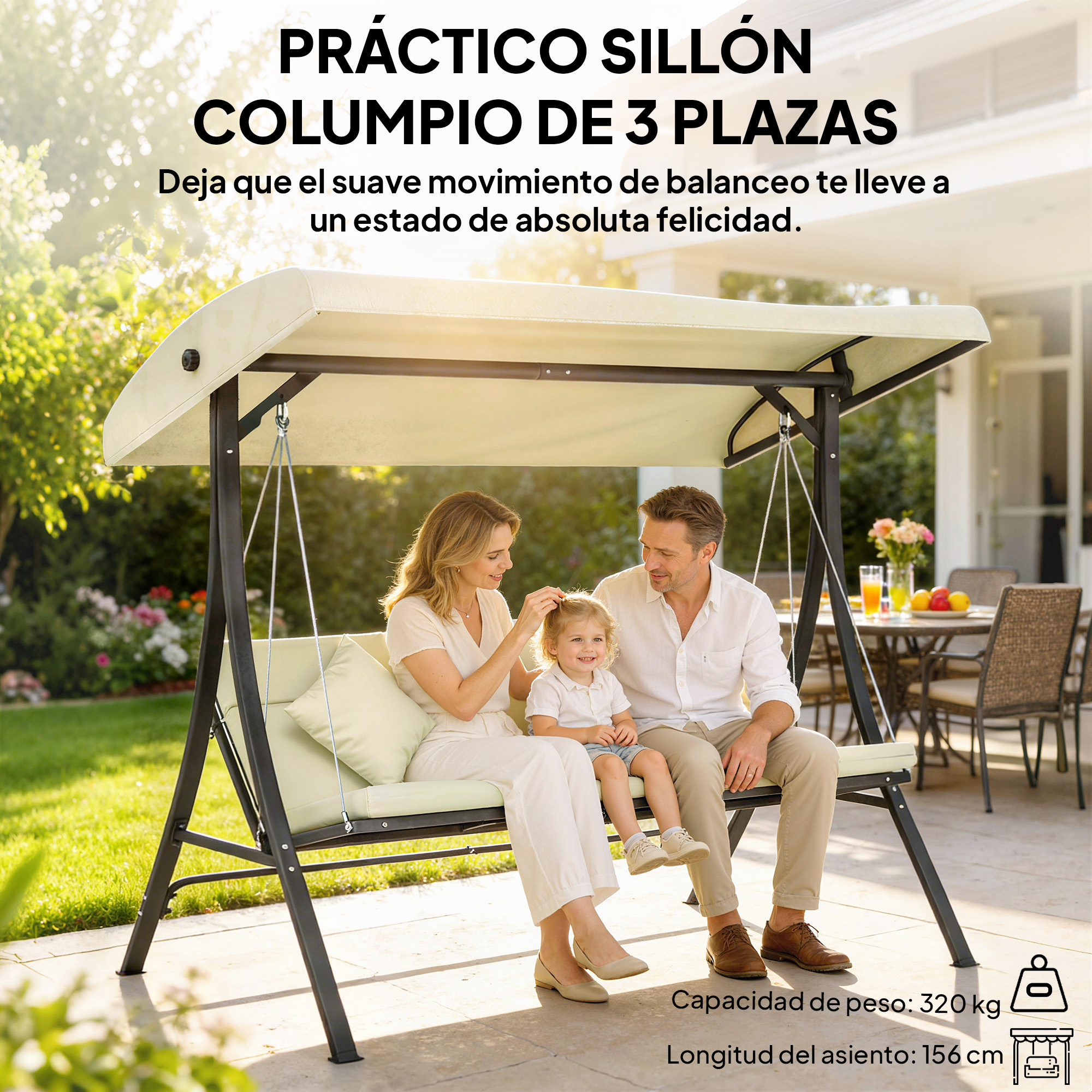 Familia en un columpio de jardín crema para 3 plazas con mesa y sillas.