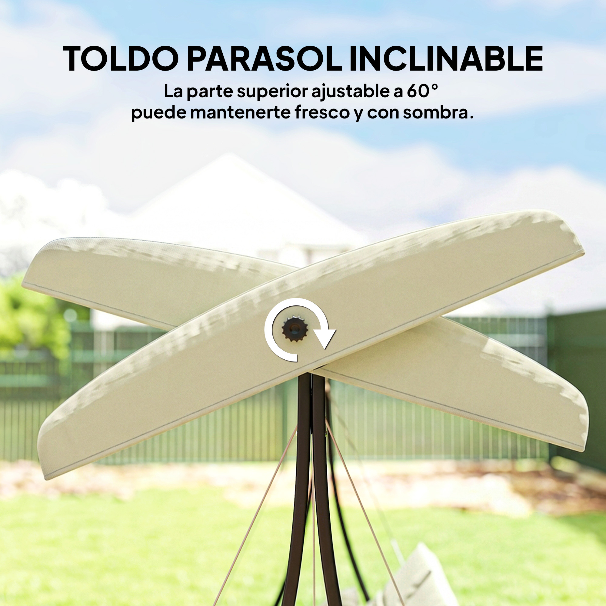 Toldo de sombrilla beige con sección ajustable, en un jardín.