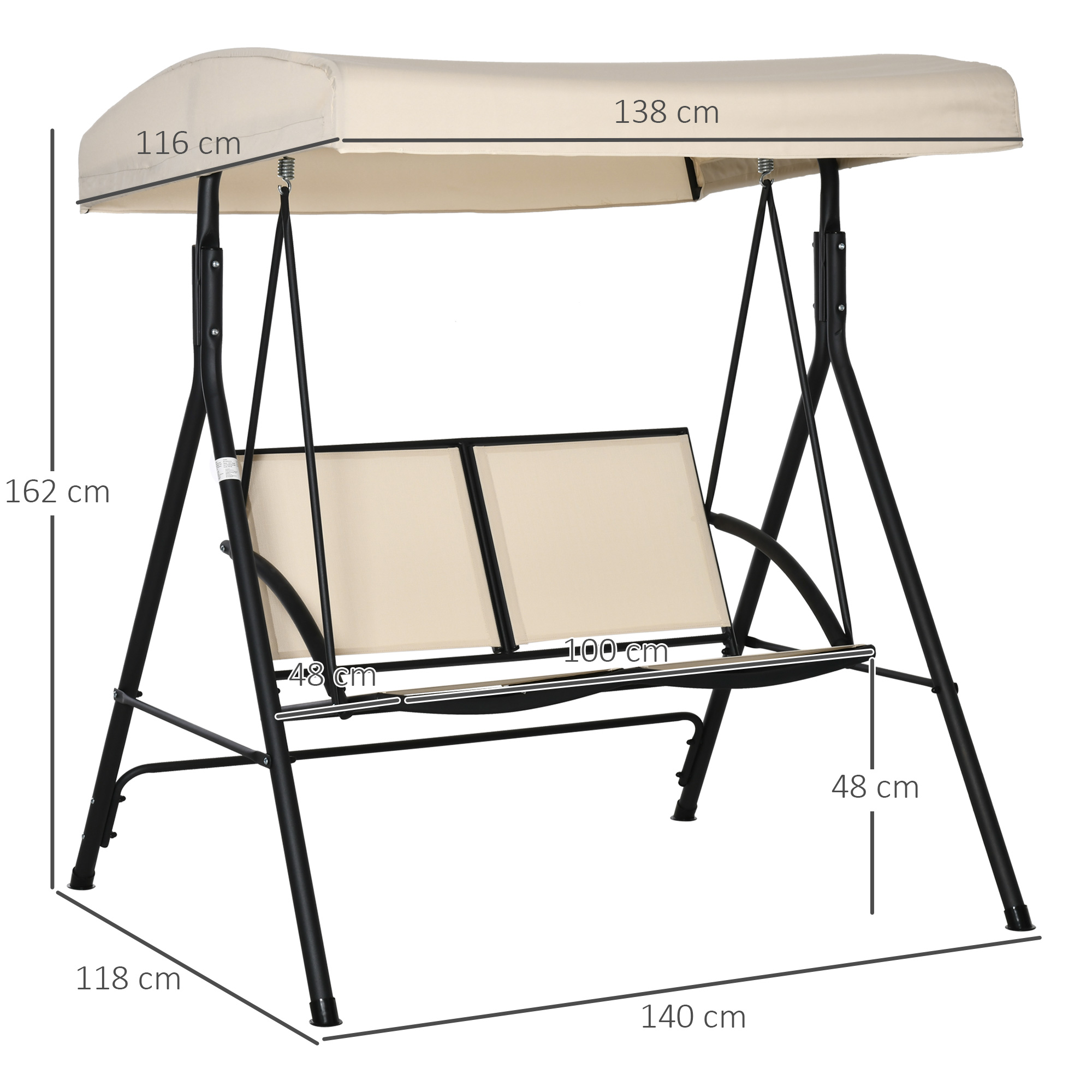 Panca a dondolo beige con telaio in metallo nero e dimensioni.