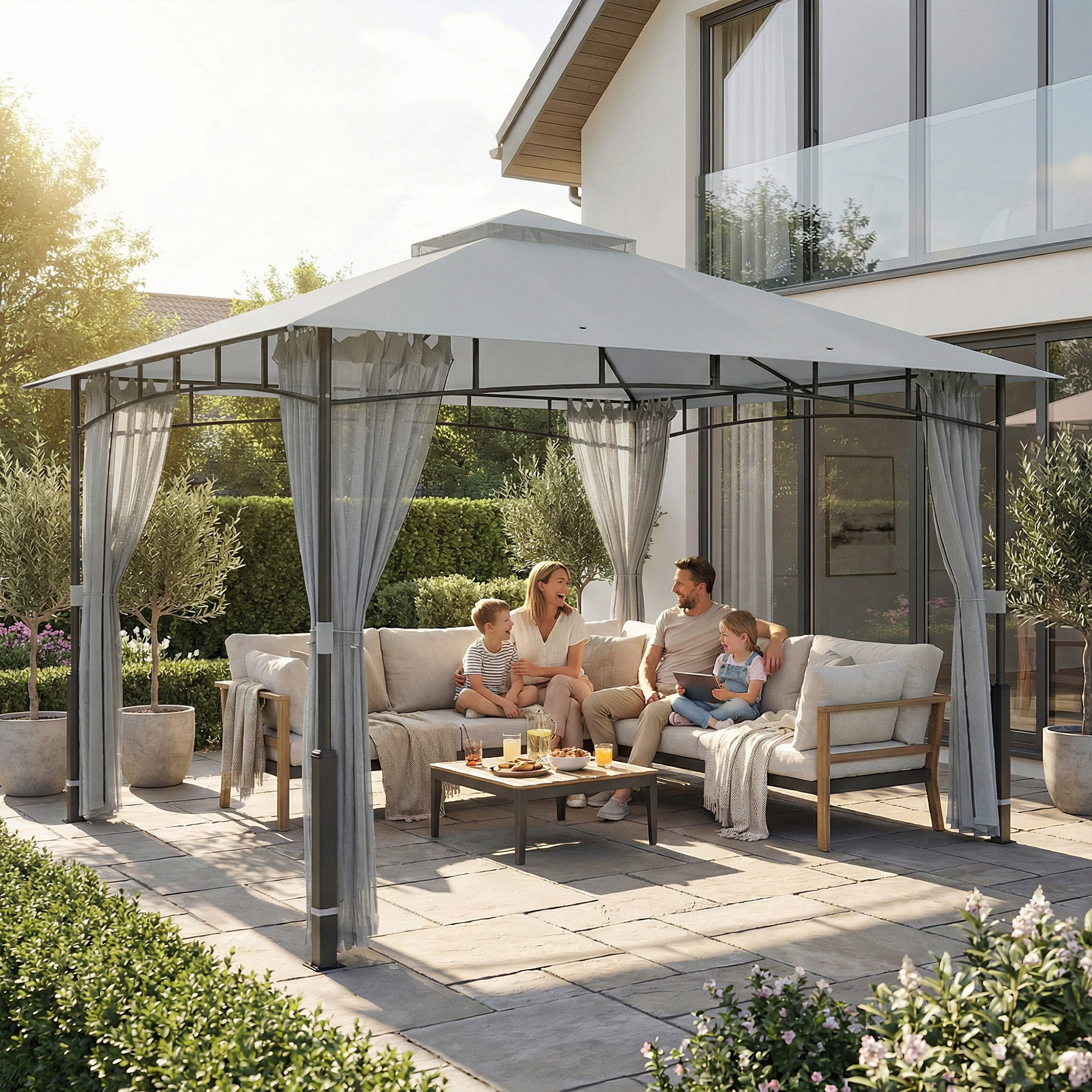 Familia relajándose bajo un cenador en un patio con muebles modernos.