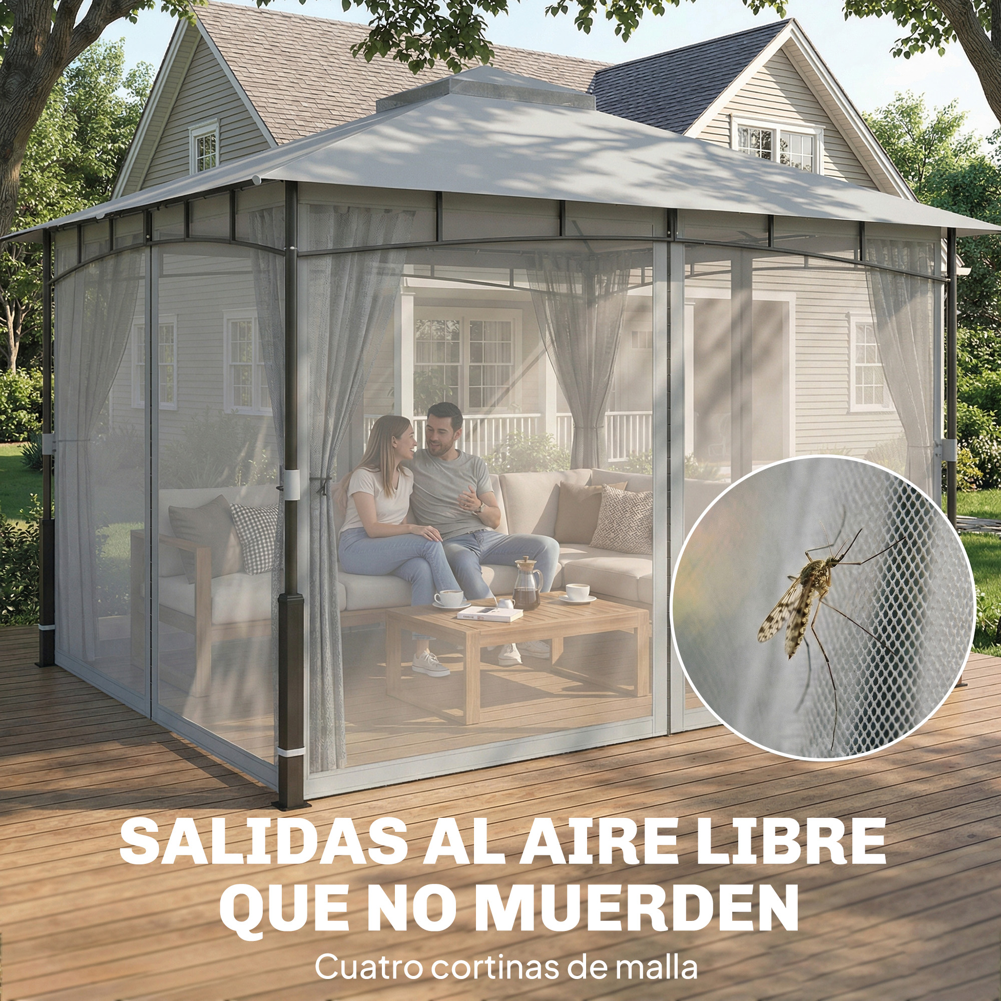 Una pareja sentada en un cenador con mosquitero. Se ve un mosquito en un círculo.