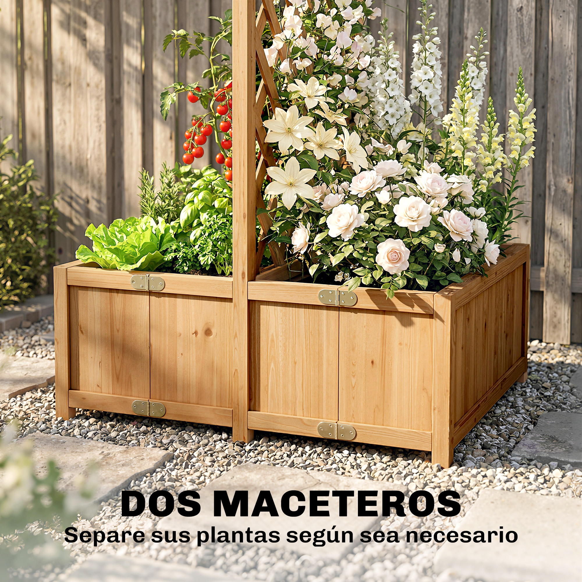 Dos jardineras de madera con tomates, lechuga y flores. Valla de madera detrás.