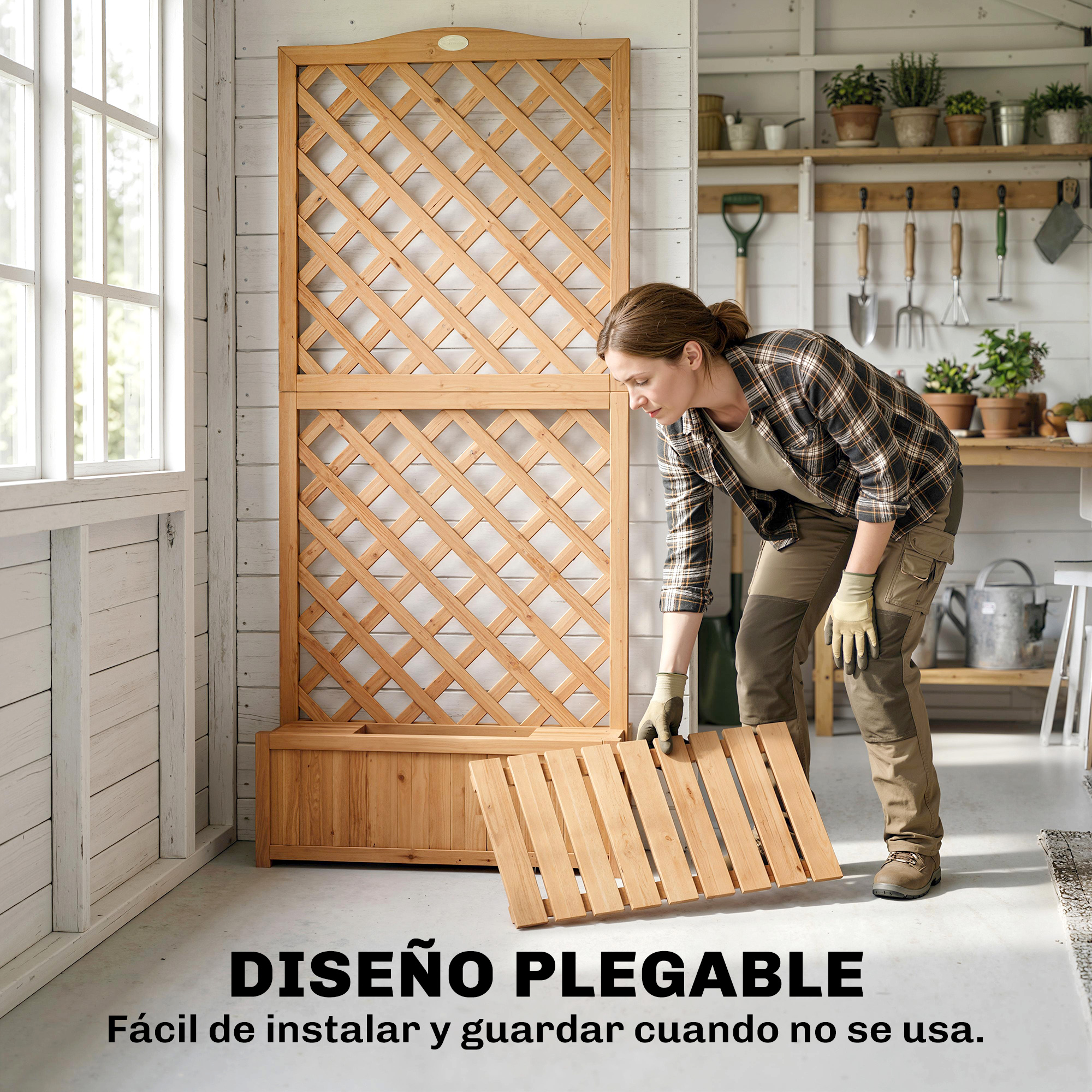 Mujer en cobertizo montando enrejado de madera. Herramientas en estante.