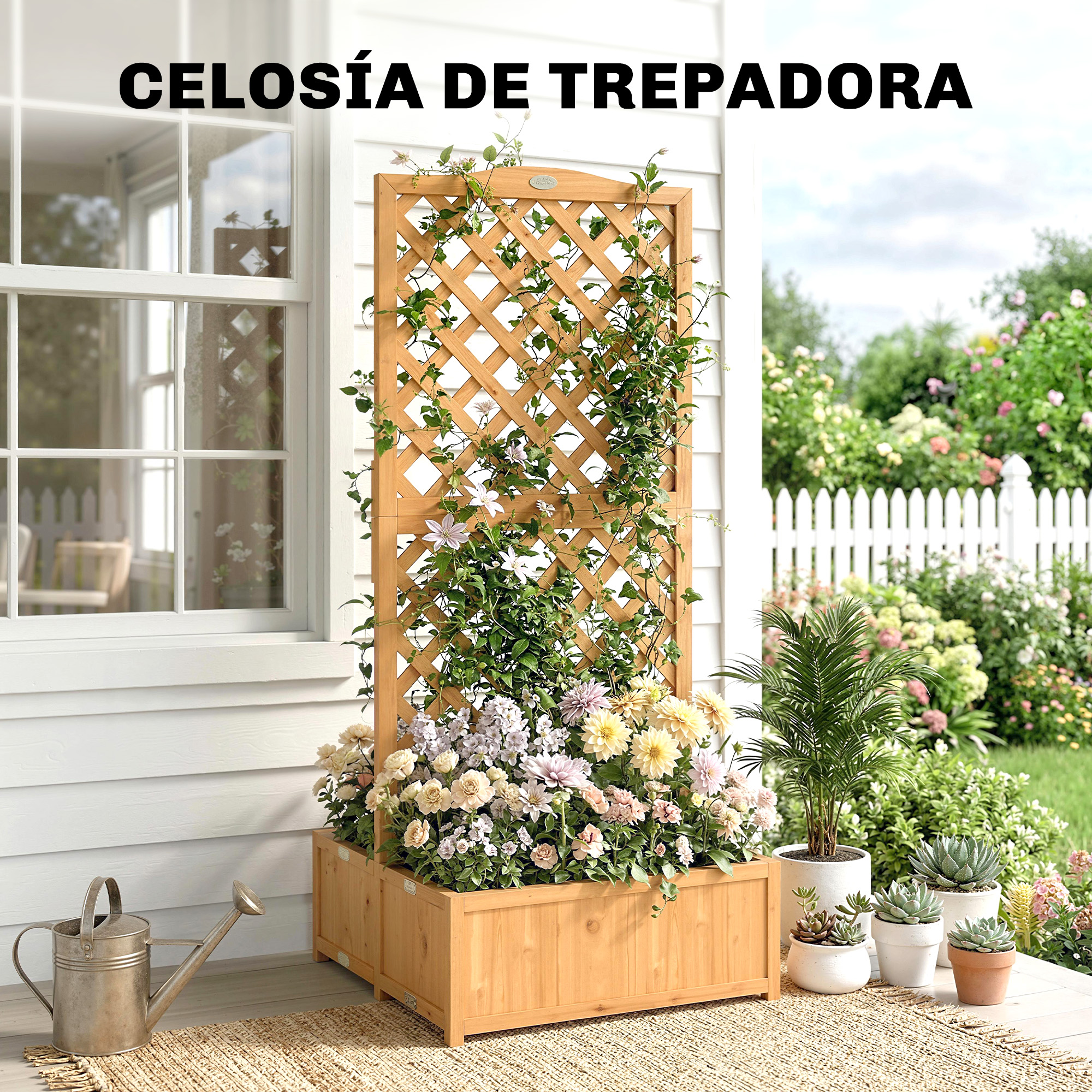 Celosía de madera con flores, plantas y regadera frente a una casa.