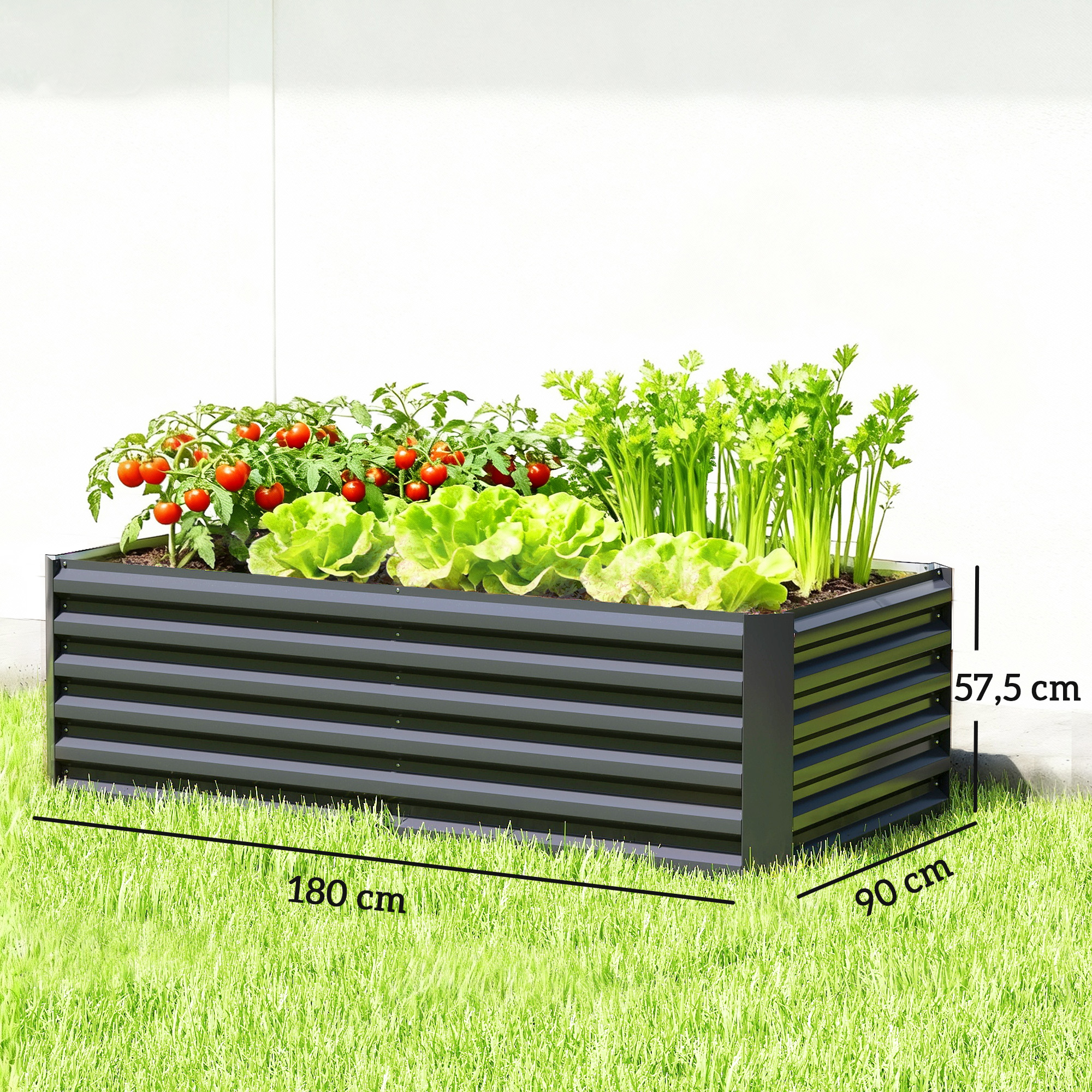 Banco elevado negro con tomates, lechuga y apio sobre césped. Dimensiones: 180x90x57,5cm.
