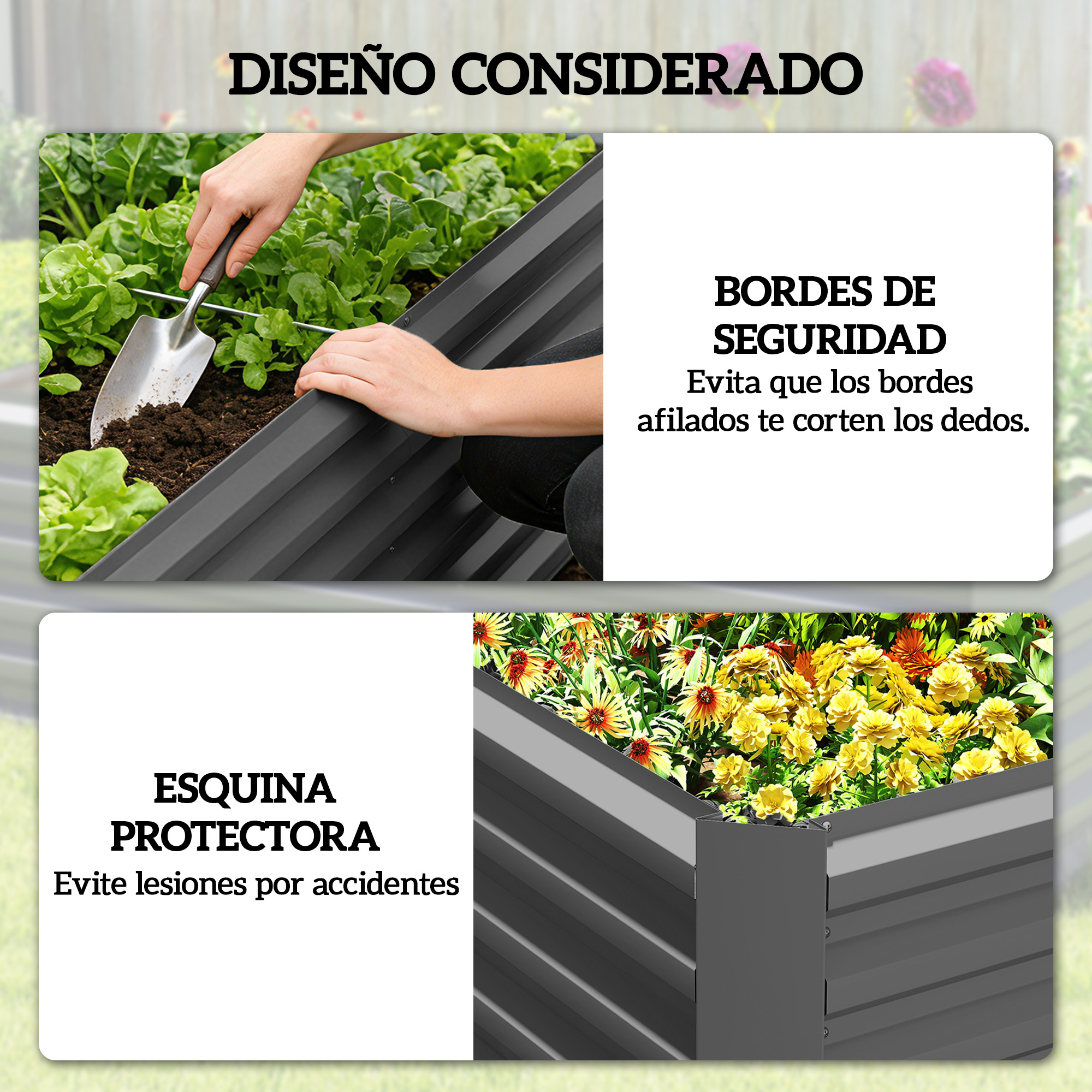 Jardín con bordes de seguridad y protección de esquinas.