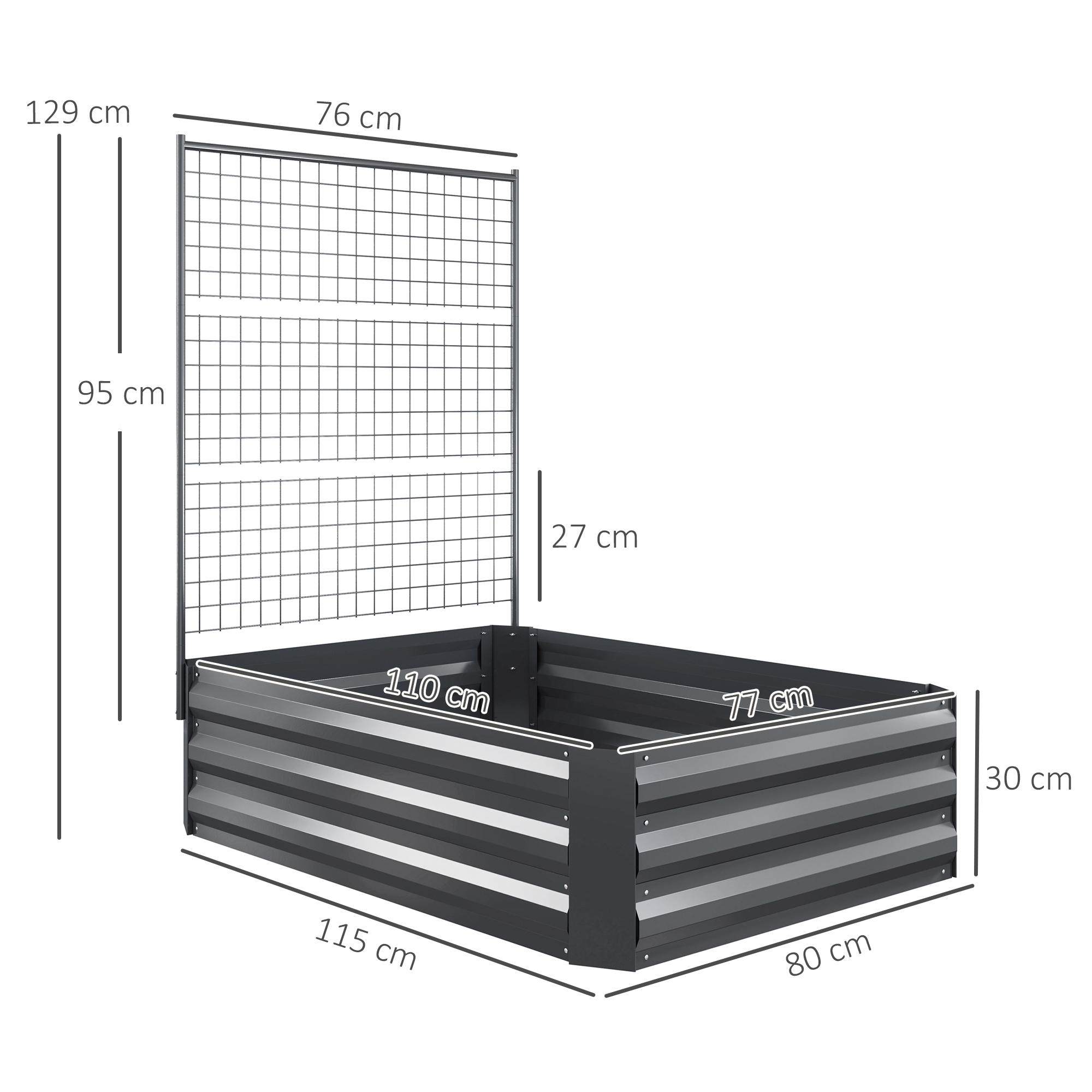 Un bancal elevado rectangular de metal con enrejado, se muestran las dimensiones.