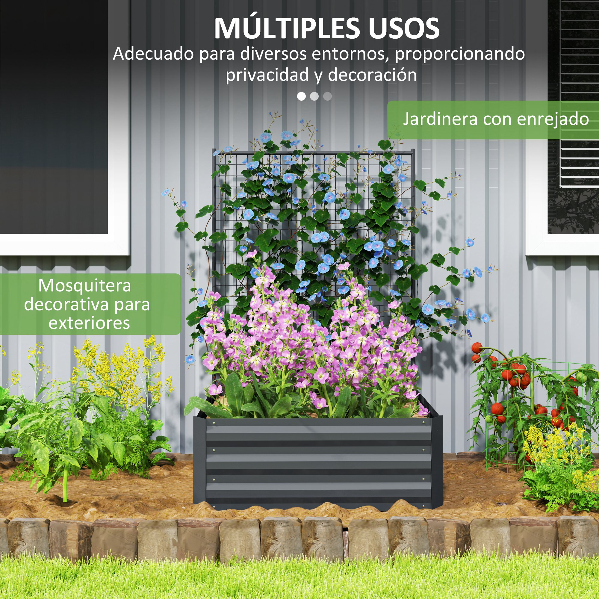 Un jardín elevado con flores rosas y azules, plantas de tomate y flores amarillas.