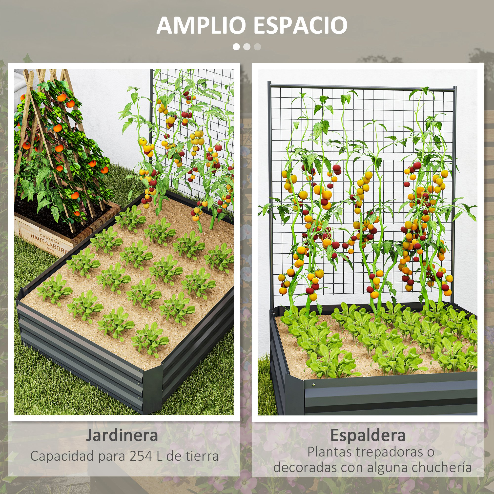 Jardín con plantas de tomate y lechuga, junto a otra jardinera.