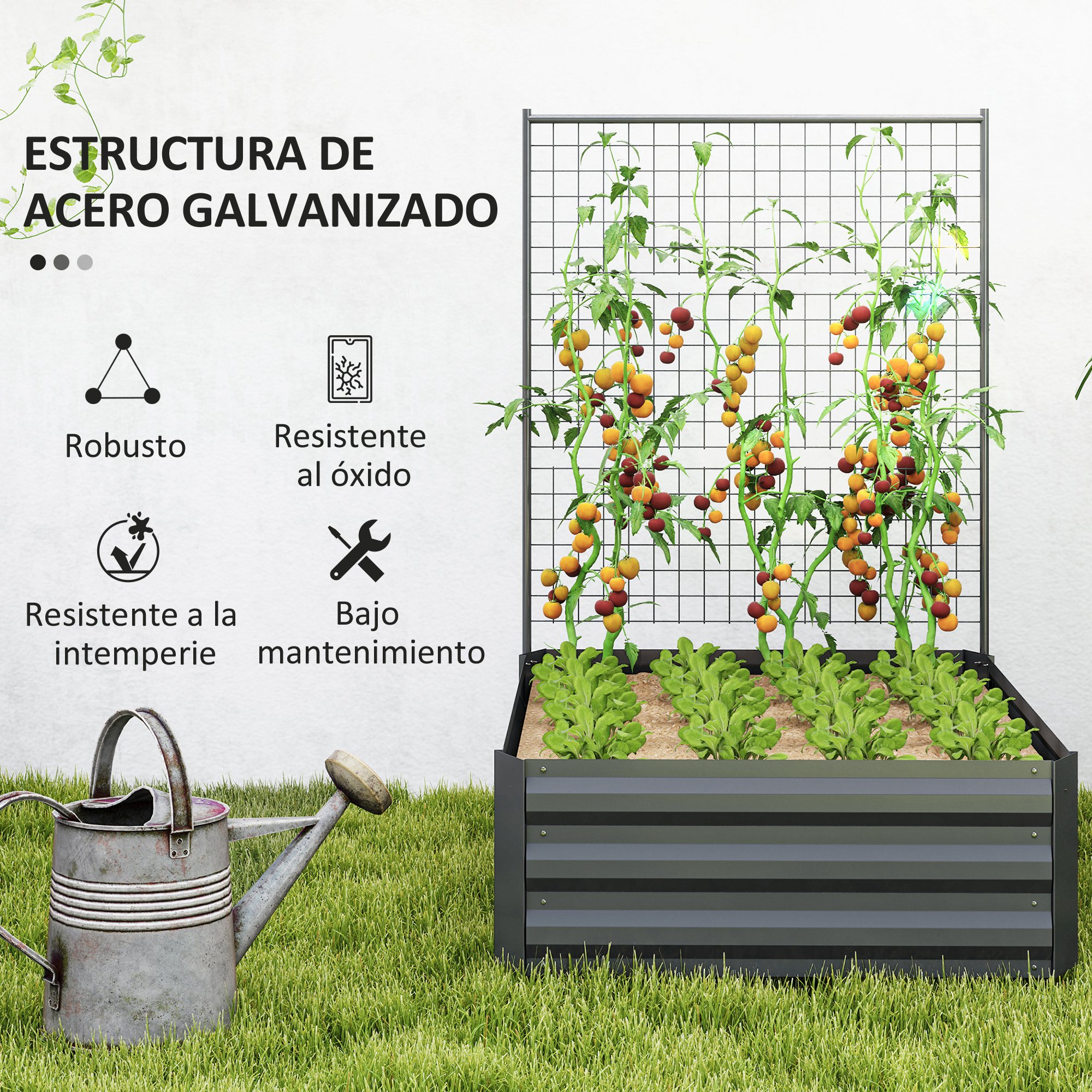 Un bancal elevado de acero galvanizado con tomates y lechuga, junto a una regadera.