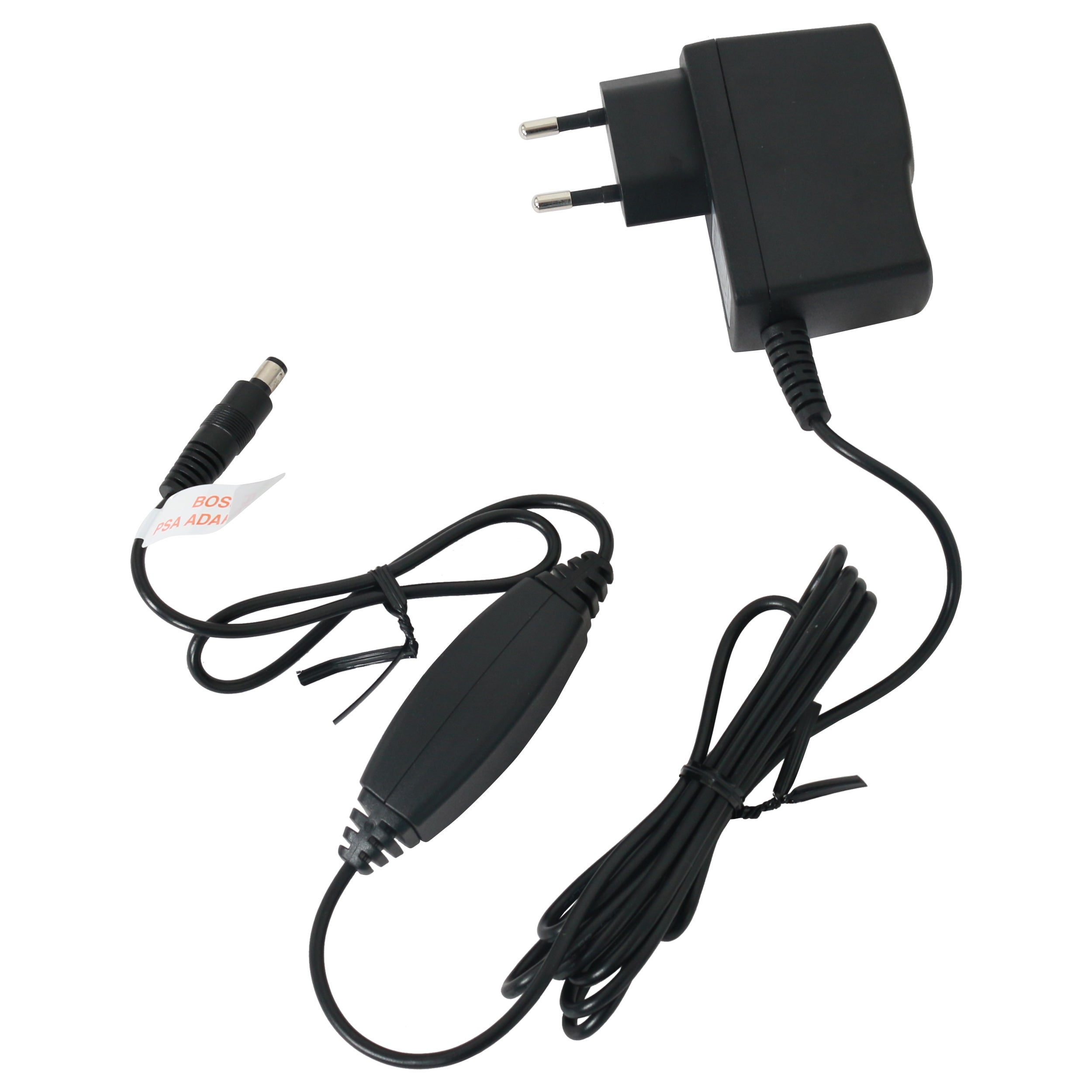 Black power adapter with two pins, cable with ferrite bead, and DC plug.