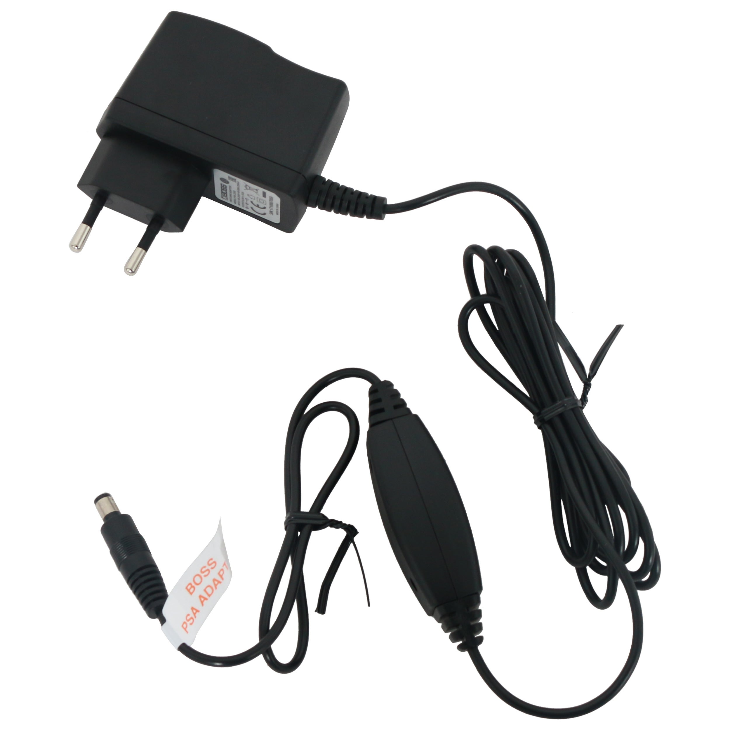 Black power adapter with cable and plug.