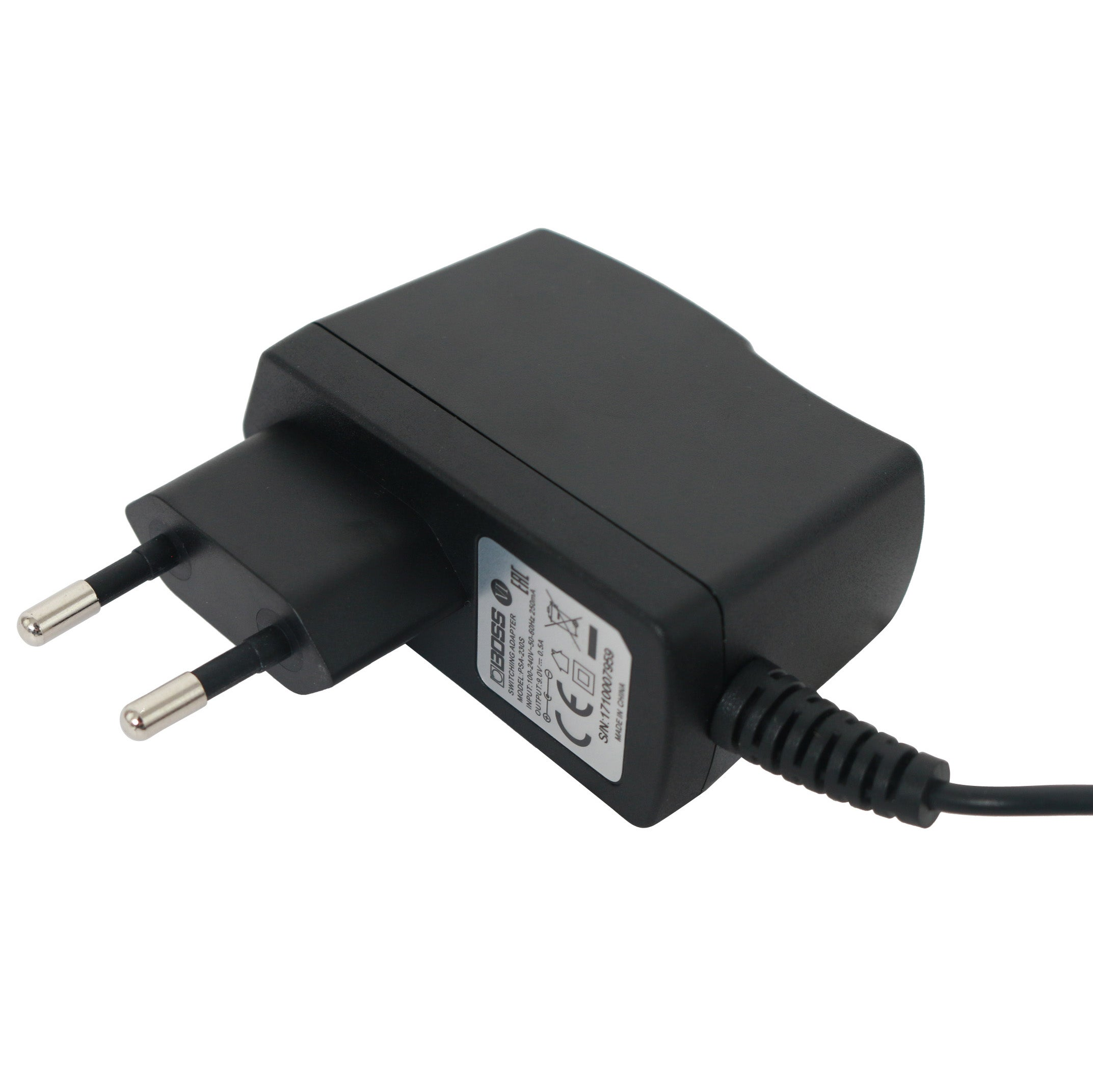 Black power adapter with two metal prongs and a cable.