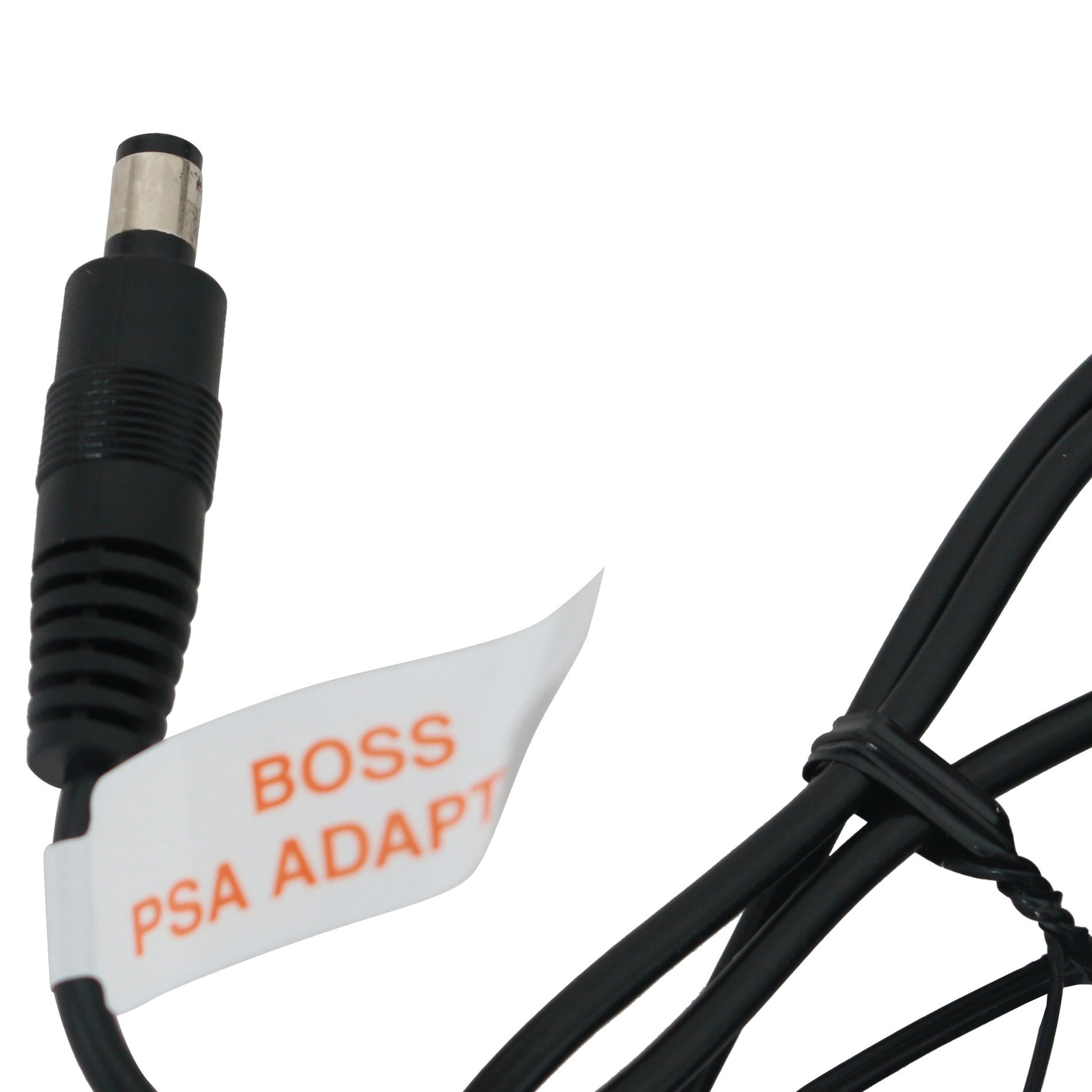 Black power cord with a silver connector and a white label reading BOSS PSA ADAP.