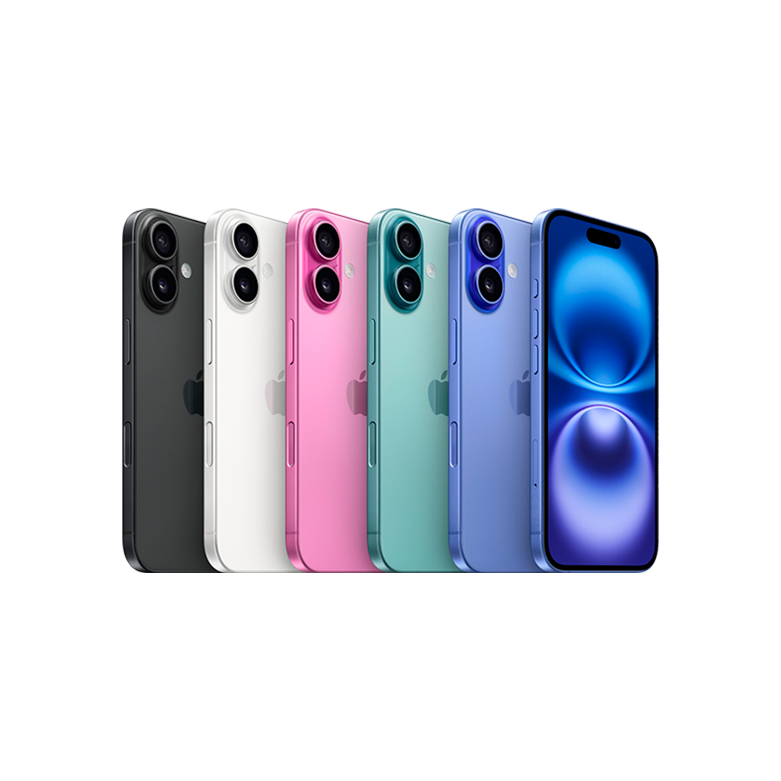 Pięć iPhone'ów w różnych kolorach obok siebie, jeden z niebieskim ekranem.