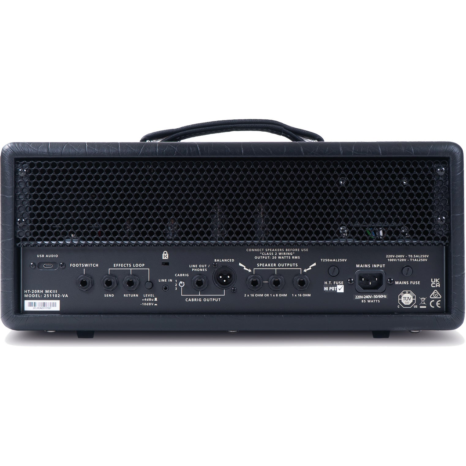 Achterpaneel gitaarversterker met aansluitingen zoals USB, Footswitch, Effect Loop, Line Out.