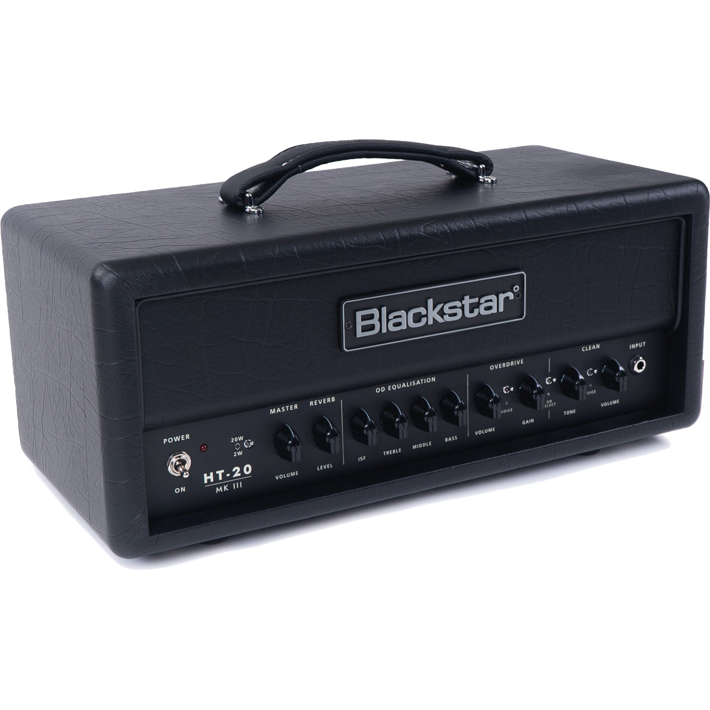 Een zwarte Blackstar HT-20 MK III gitaarversterkerkop met leren handvat en bedieningsknoppen.