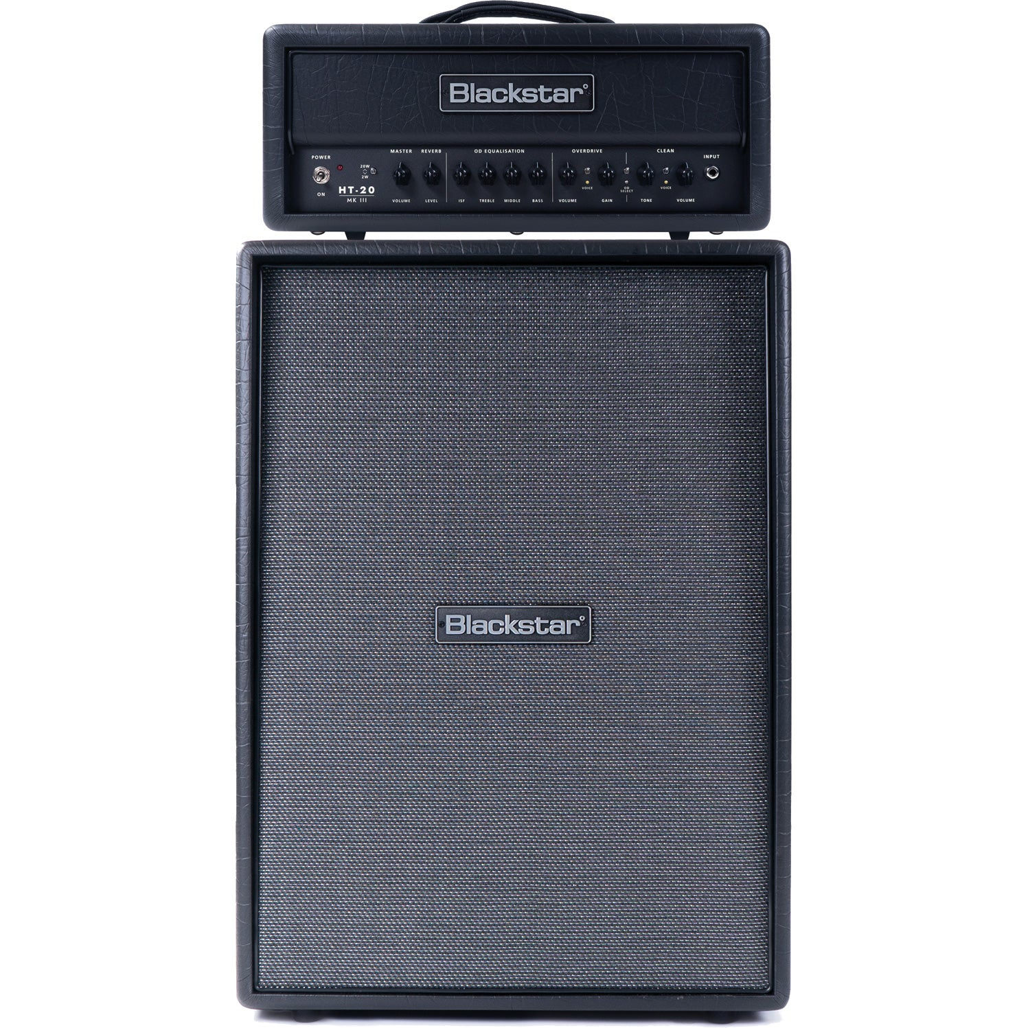 Een zwarte Blackstar HT-20 MK III gitaarversterkerkop staat bovenop een bijpassende luidsprekerkast.