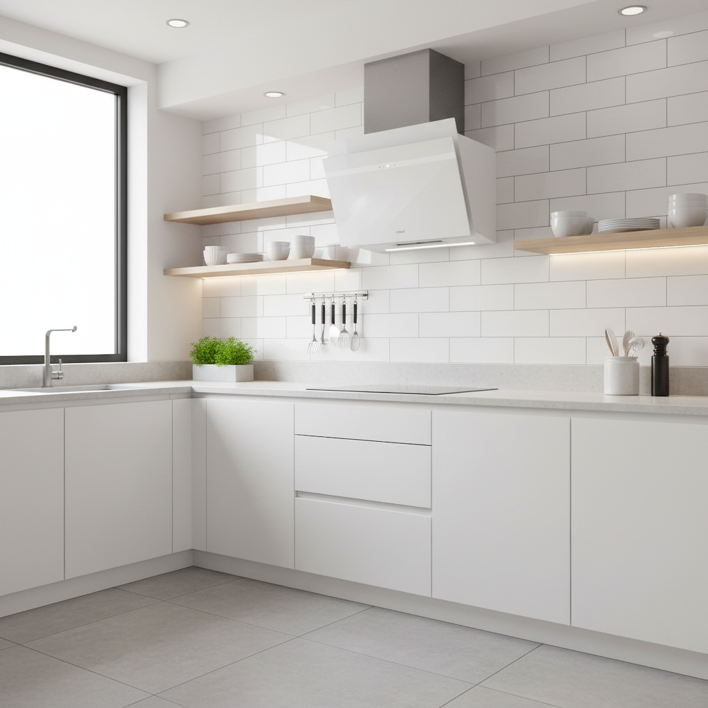 Cocina blanca moderna con salpicadero de azulejos tipo metro, estantes de madera y fregadero de acero inoxidable.
