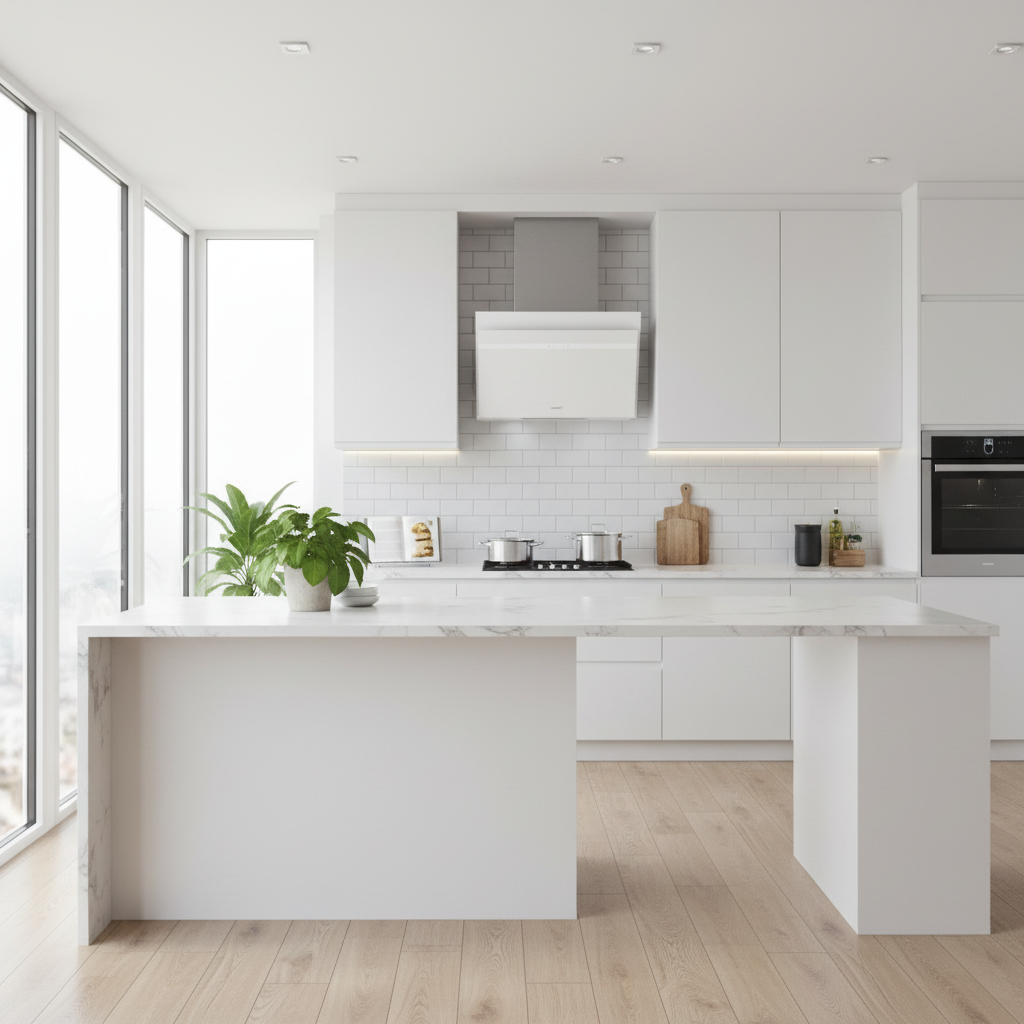 Moderna cocina blanca con isla, encimeras de mármol y grandes ventanales.