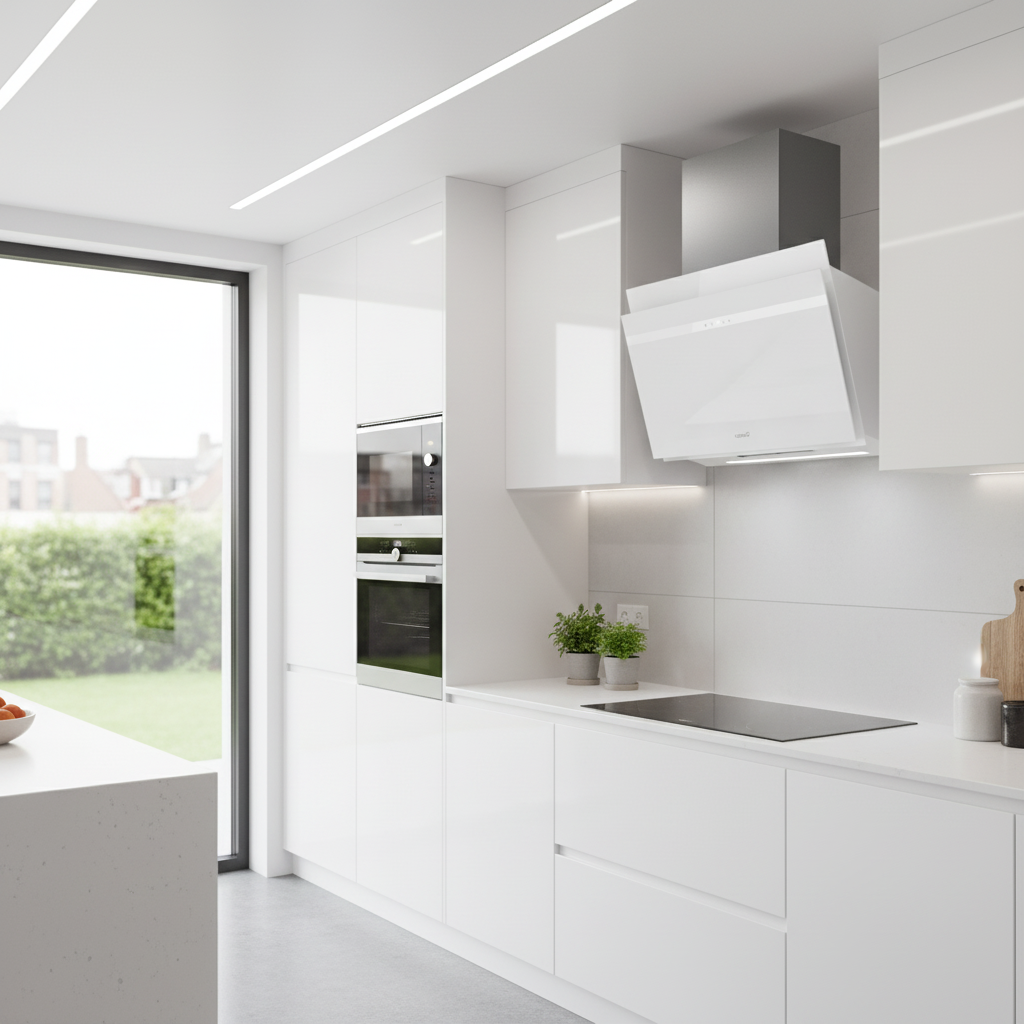 Moderna cocina blanca con hornos empotrados, isla y ventana grande.