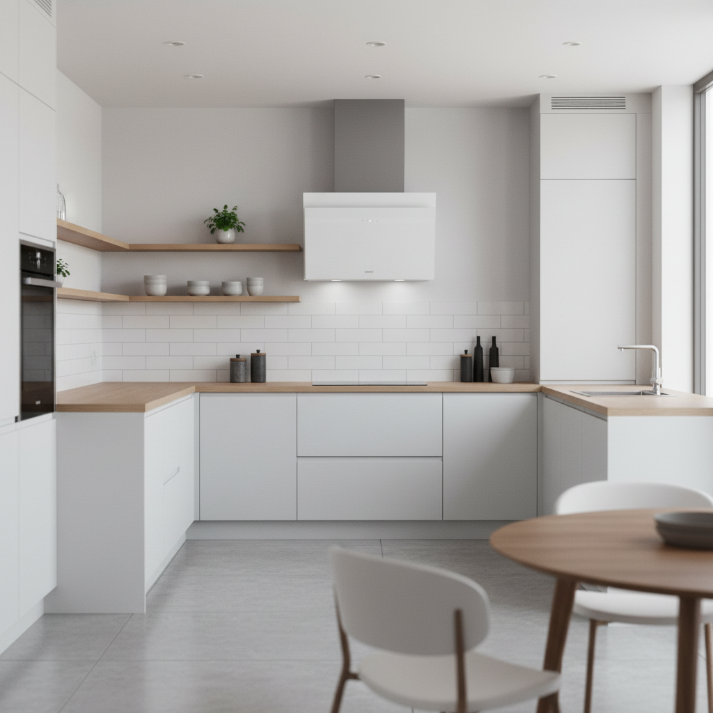 Moderna cocina blanca con superficies de madera y zona de asientos.