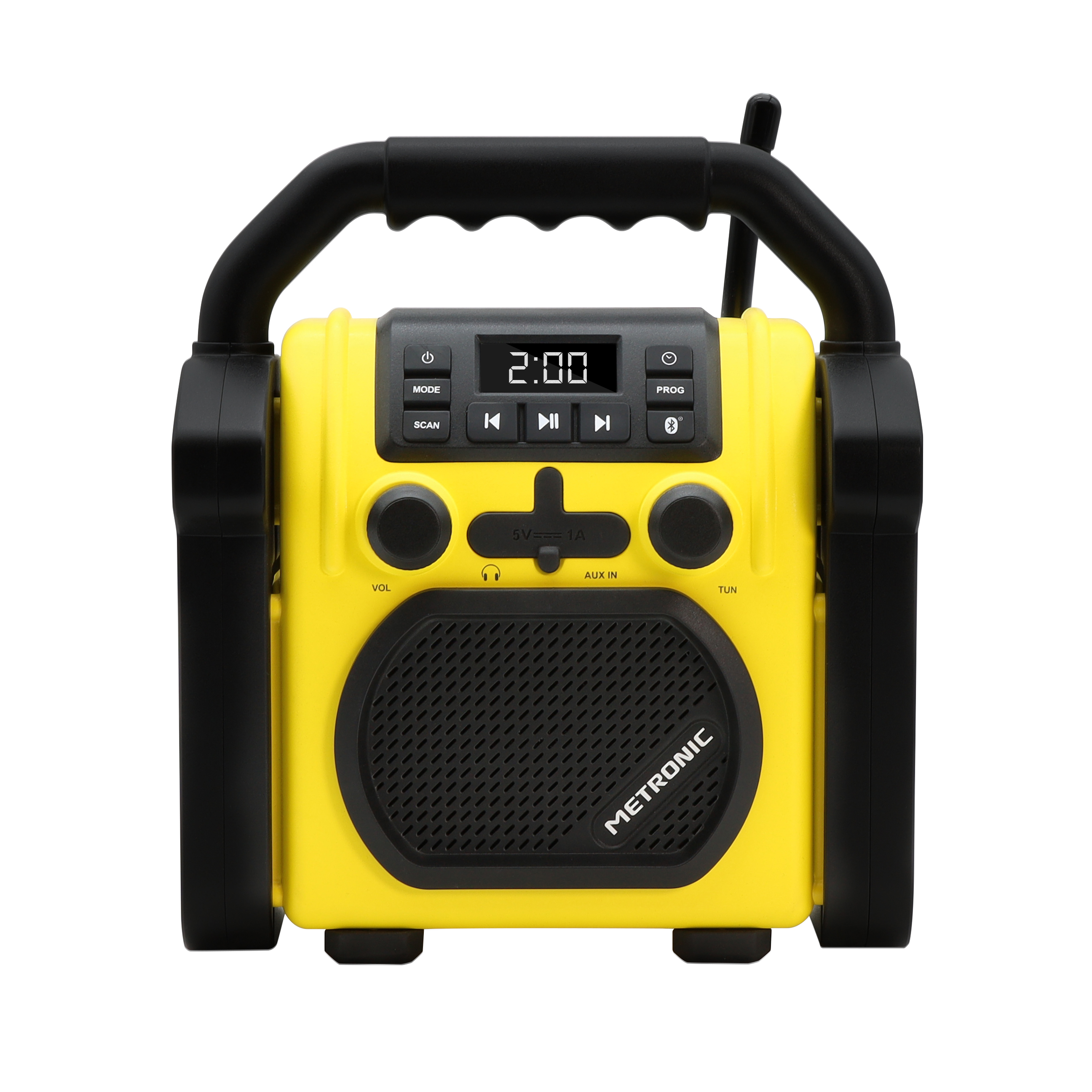 Radio portátil amarilla con asa negra y panel de control.