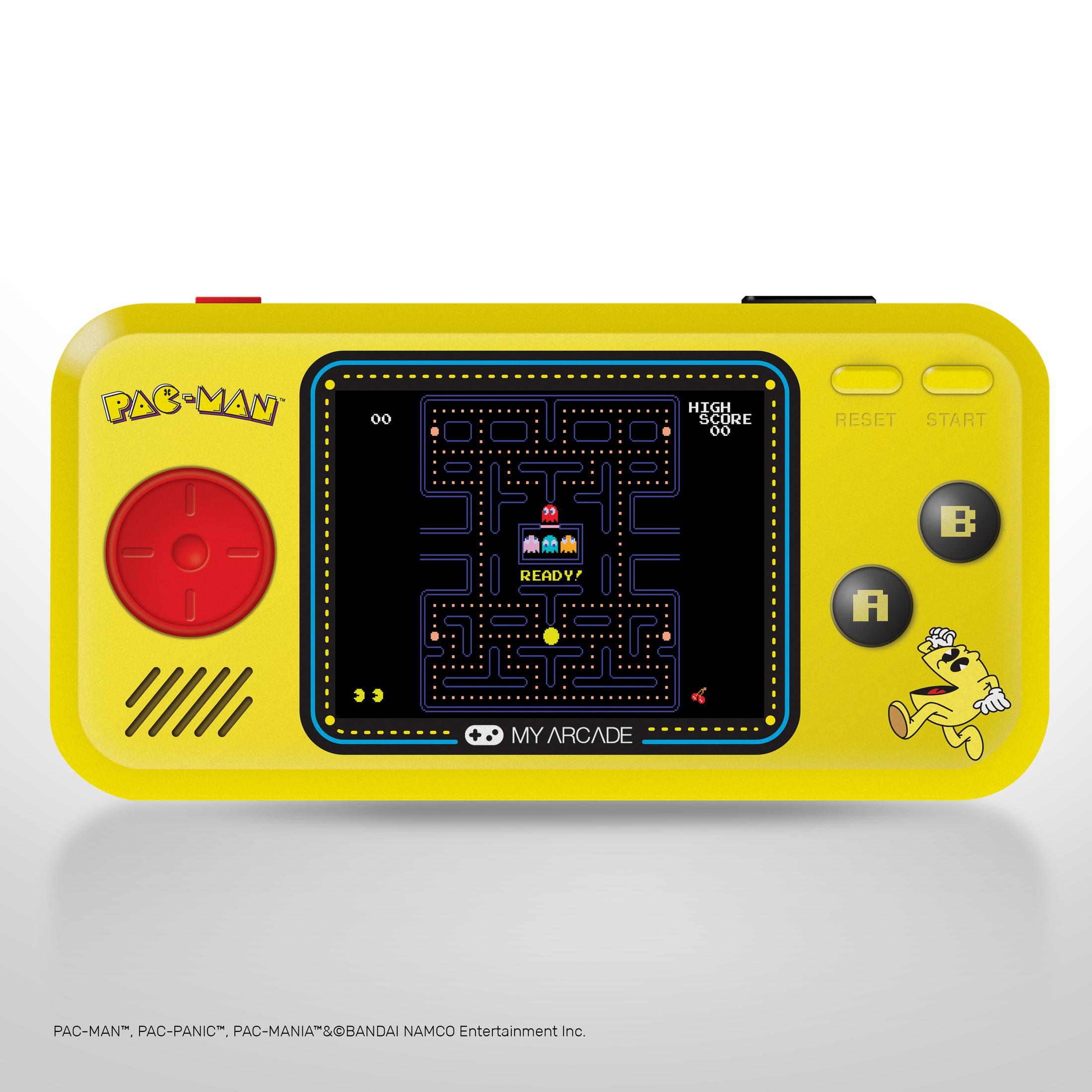 Gelbes Pac-Man-Arcade-Gerät mit Spielbildschirm, rotem Steuerkreuz, Knöpfen und Pac-Man-Grafik.