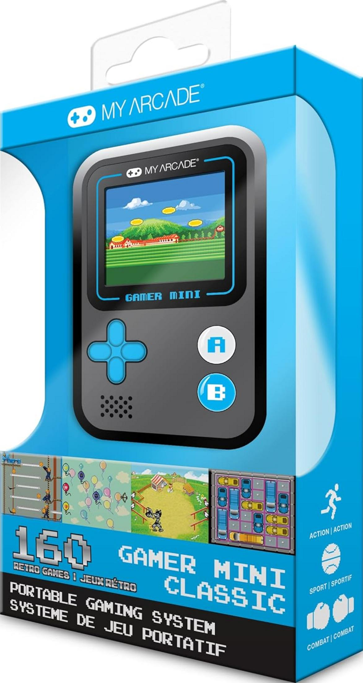 Embalaje de sistema de juego retro My Arcade Gamer Mini Classic azul.
