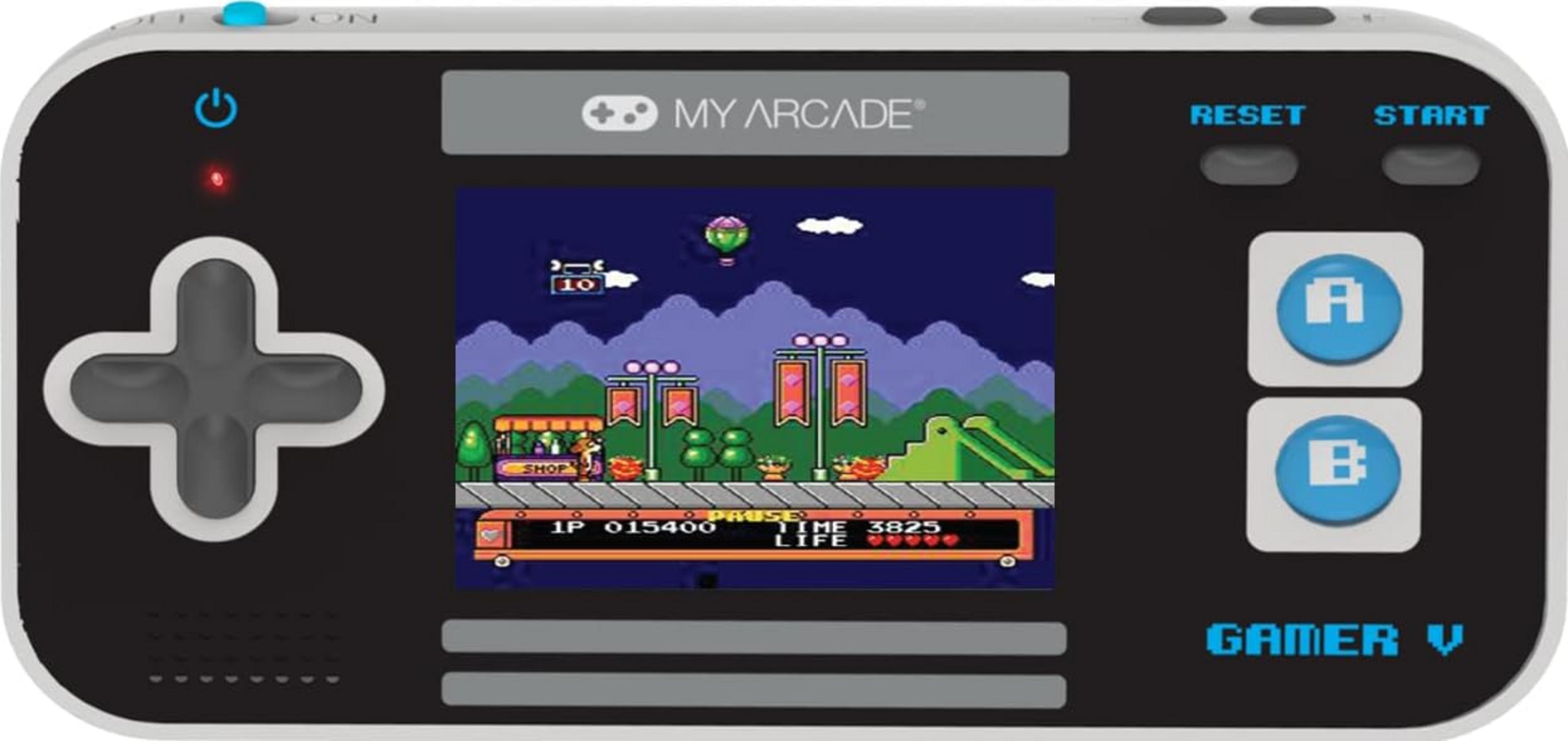 Ein Handheld-Spielgerät mit einem 2D-Spielbildschirm, D-Pad, A/B-Tasten und Reset/Start-Tasten.