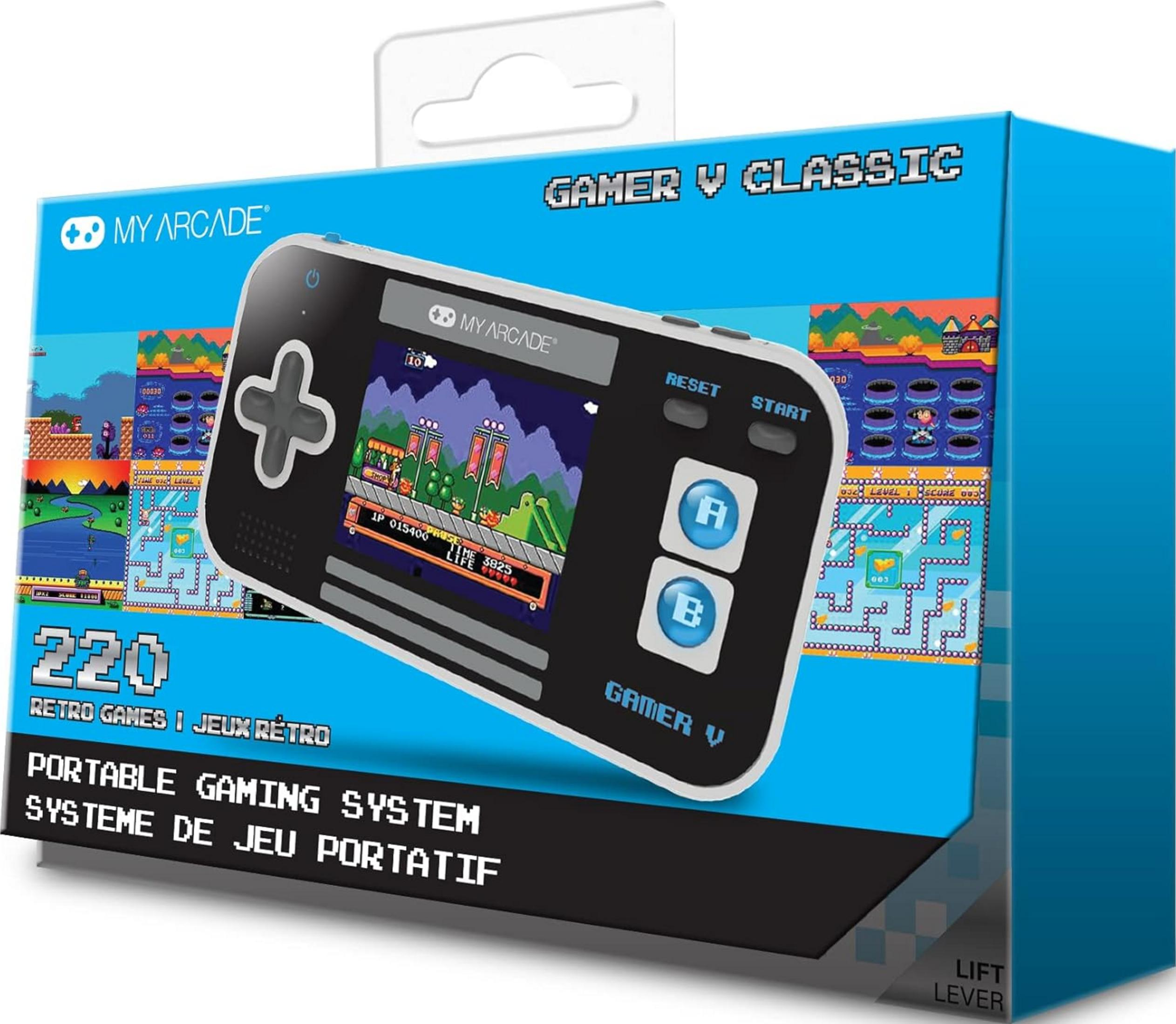 Verpackung eines tragbaren Retro-Gaming-Systems mit Controller und Spielbildschirm.