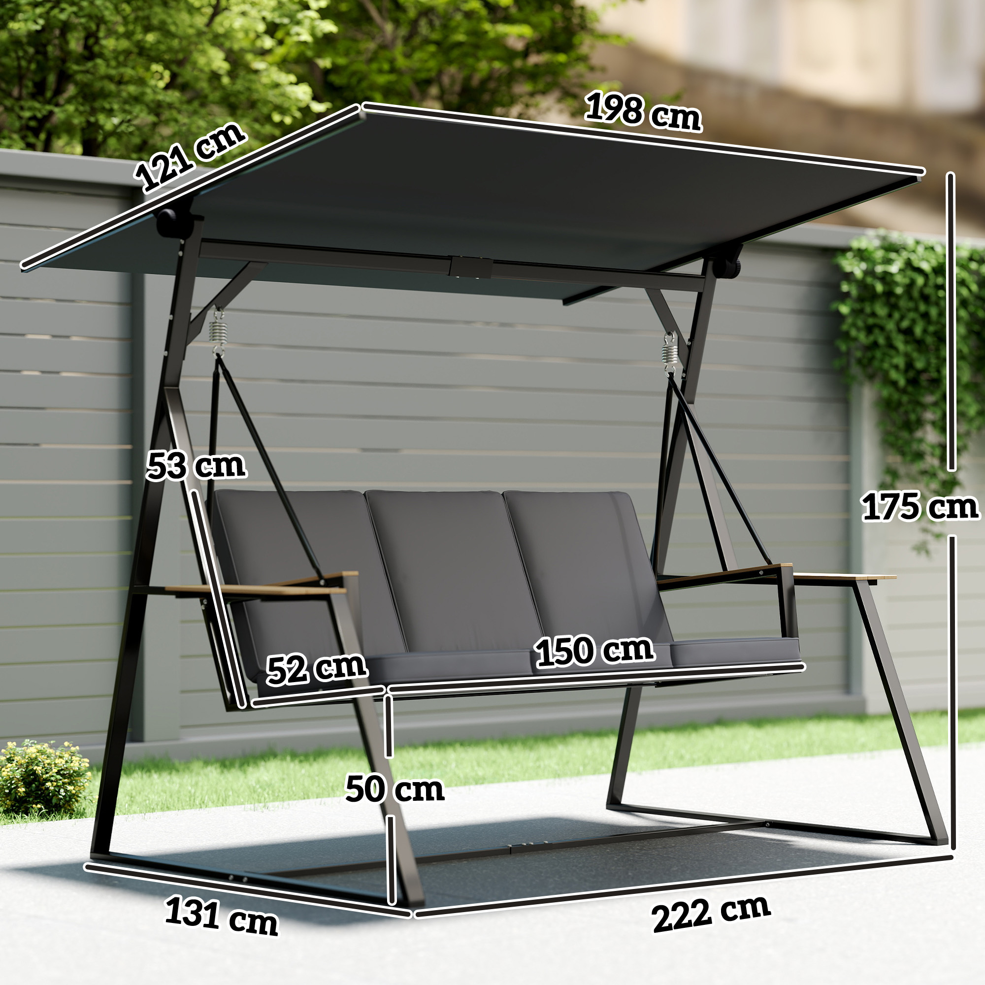 Un columpio de metal con toldo gris, se indican las dimensiones.