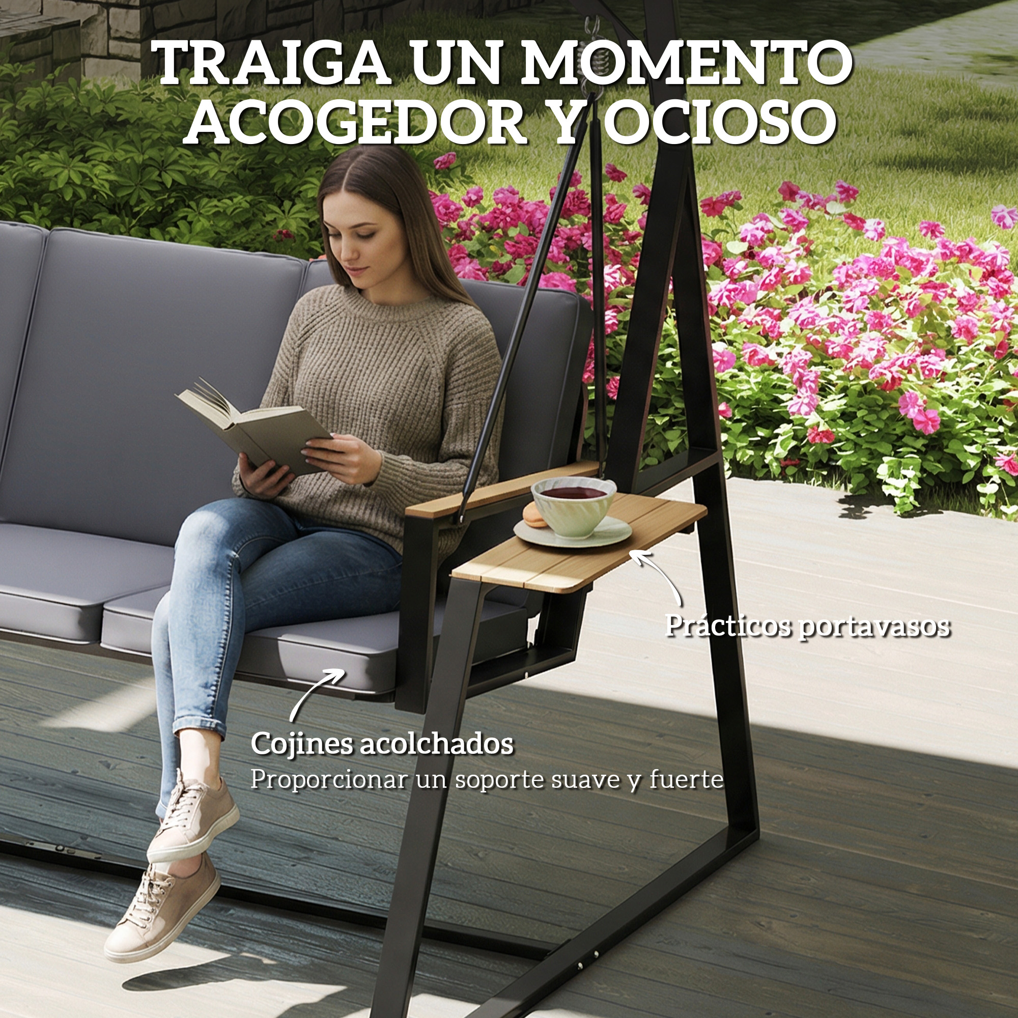 Una mujer lee un libro en un columpio con cojines y portavasos.