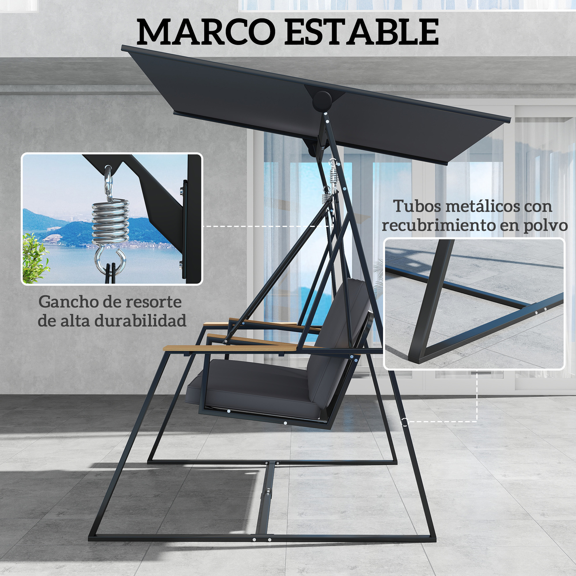 Un columpio negro con dosel y asiento tapizado.