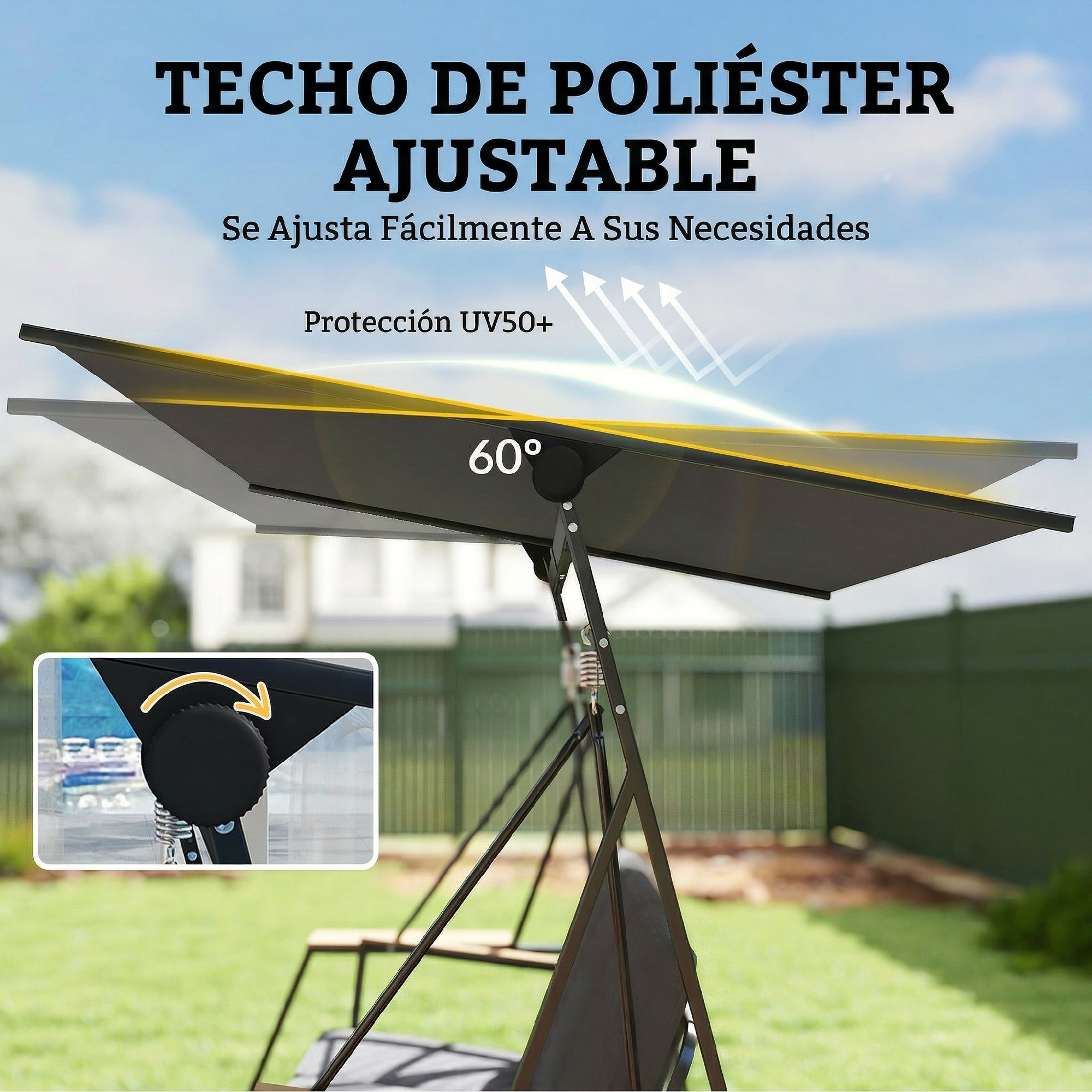 Toldo ajustable de poliéster para columpio de jardín, ángulo de 60 grados.