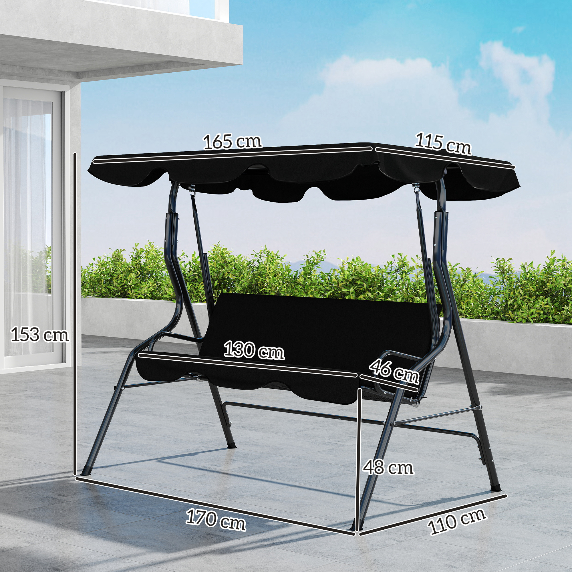 Altalena da giardino nera con dimensioni. 153cm altezza, 170cm larghezza, 110cm profondità.