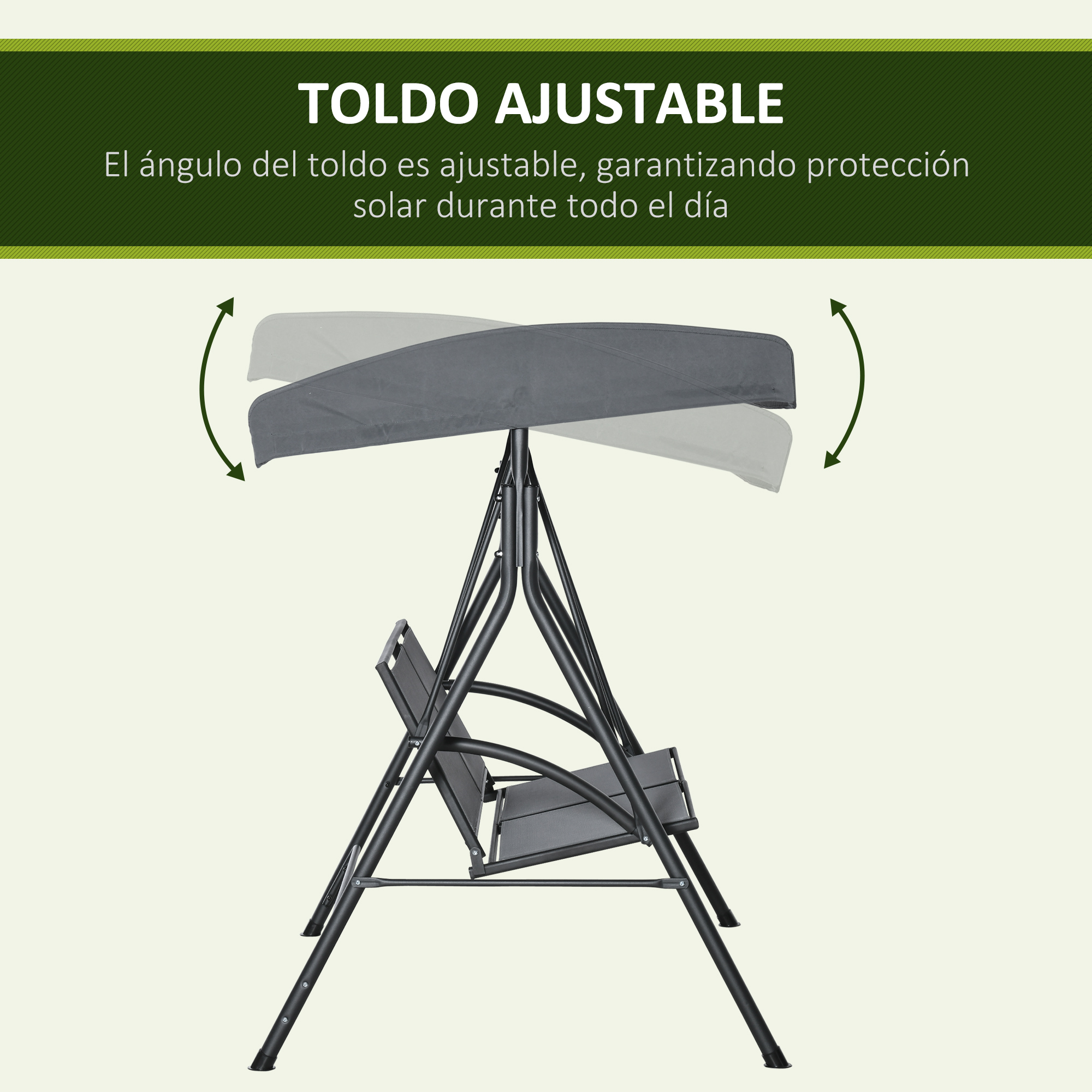 Columpio gris con toldo ajustable sobre fondo claro.