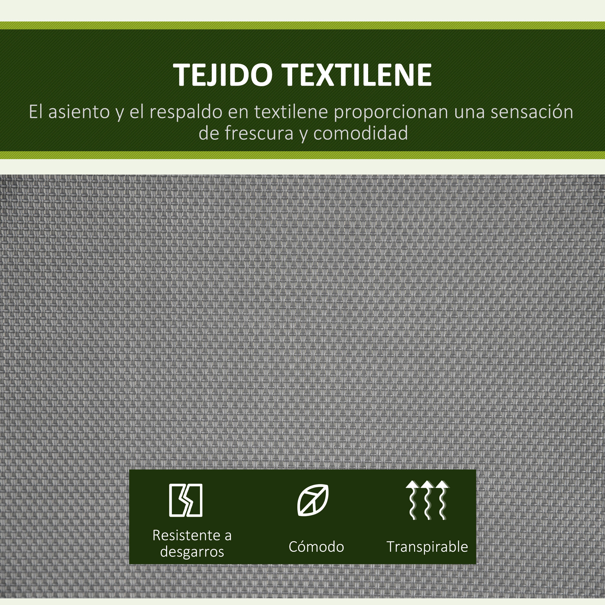 Tejido textilene gris con iconos de resistencia, comodidad y transpirabilidad.